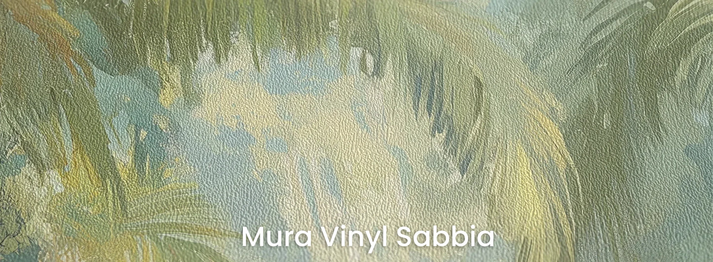 Zbliżenie na fototapetę MISTY PALMS ECHO - tapeta z tropikalną mgłą i palmami na podłożu o strukturze ziarna piasku.
