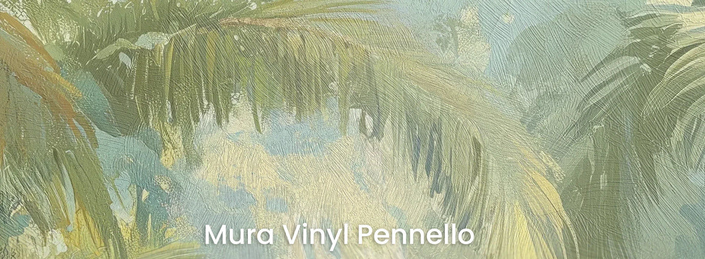 Zbliżenie na fototapetę MISTY PALMS ECHO - tapeta z tropikalną mgłą i palmami na podłożu o fakturze pociągnięć pędzla.