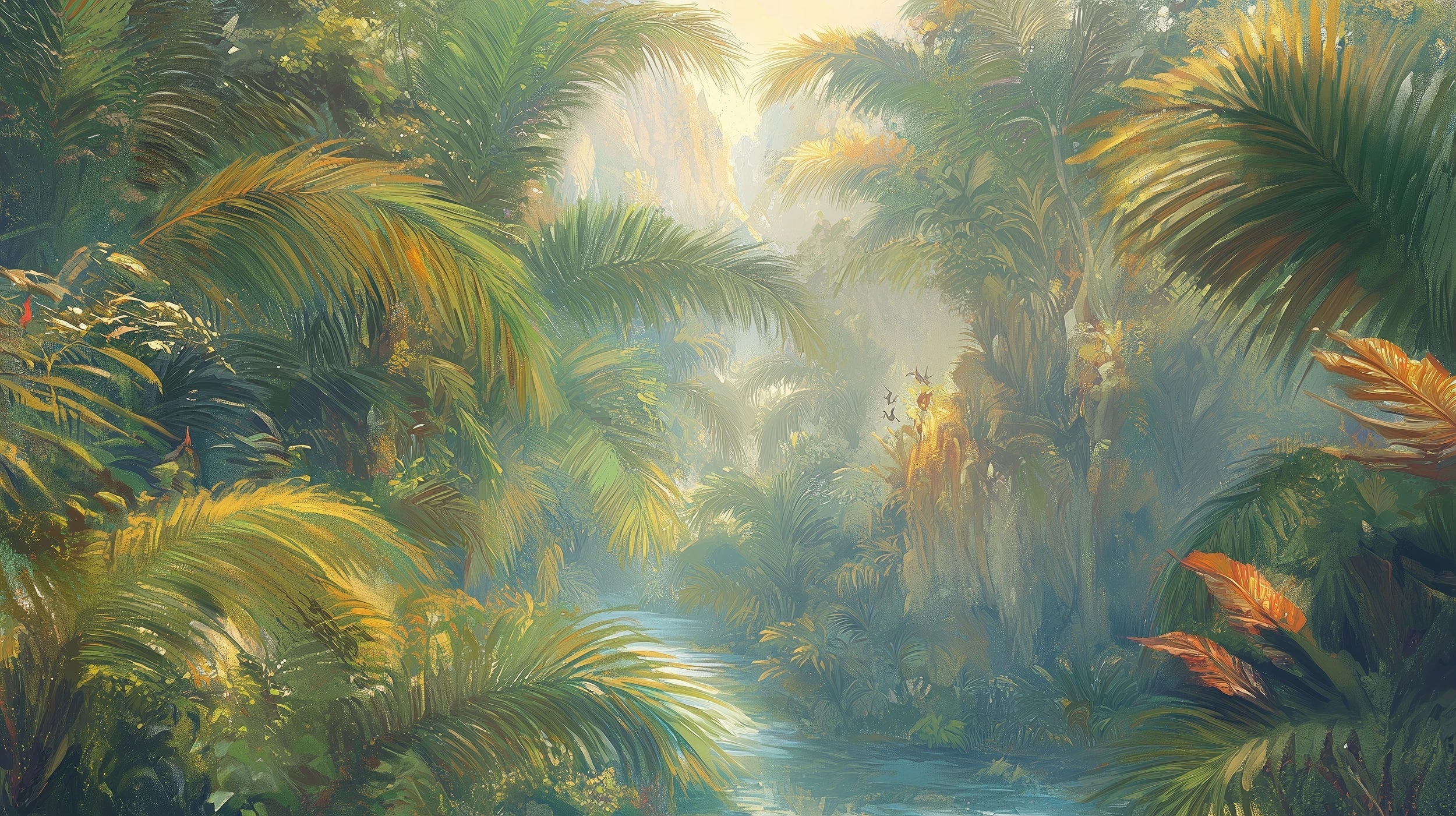 Pattern preview: Prezentacja całego wzoru fototapety o nazwie LUMINOUS TROPICS - tapeta z tropikalnym rajskim ogrodem w promieniach słońca