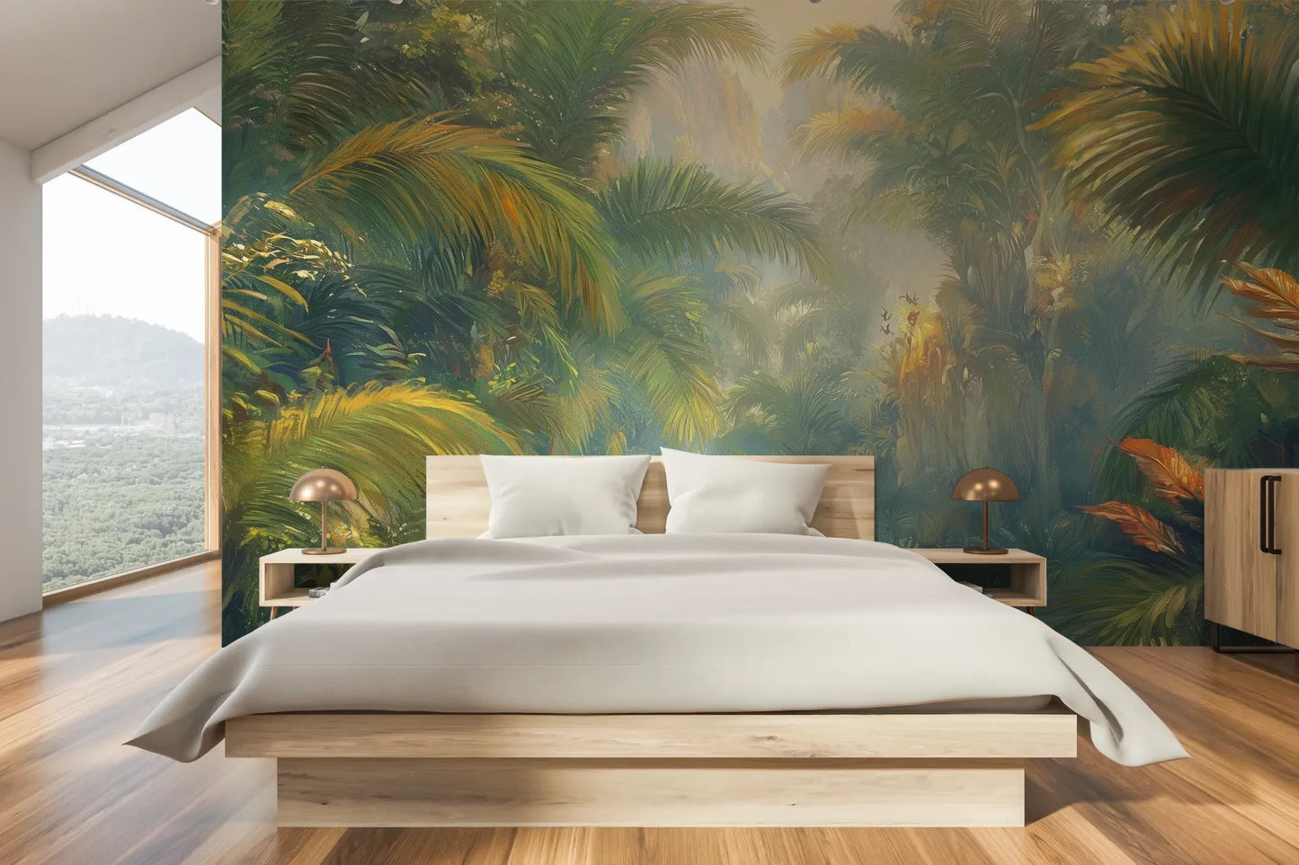 Wzór fototapety LUMINOUS TROPICS - tapeta z tropikalnym rajskim ogrodem w promieniach słońca pokazanej w aranżacji sypialni.