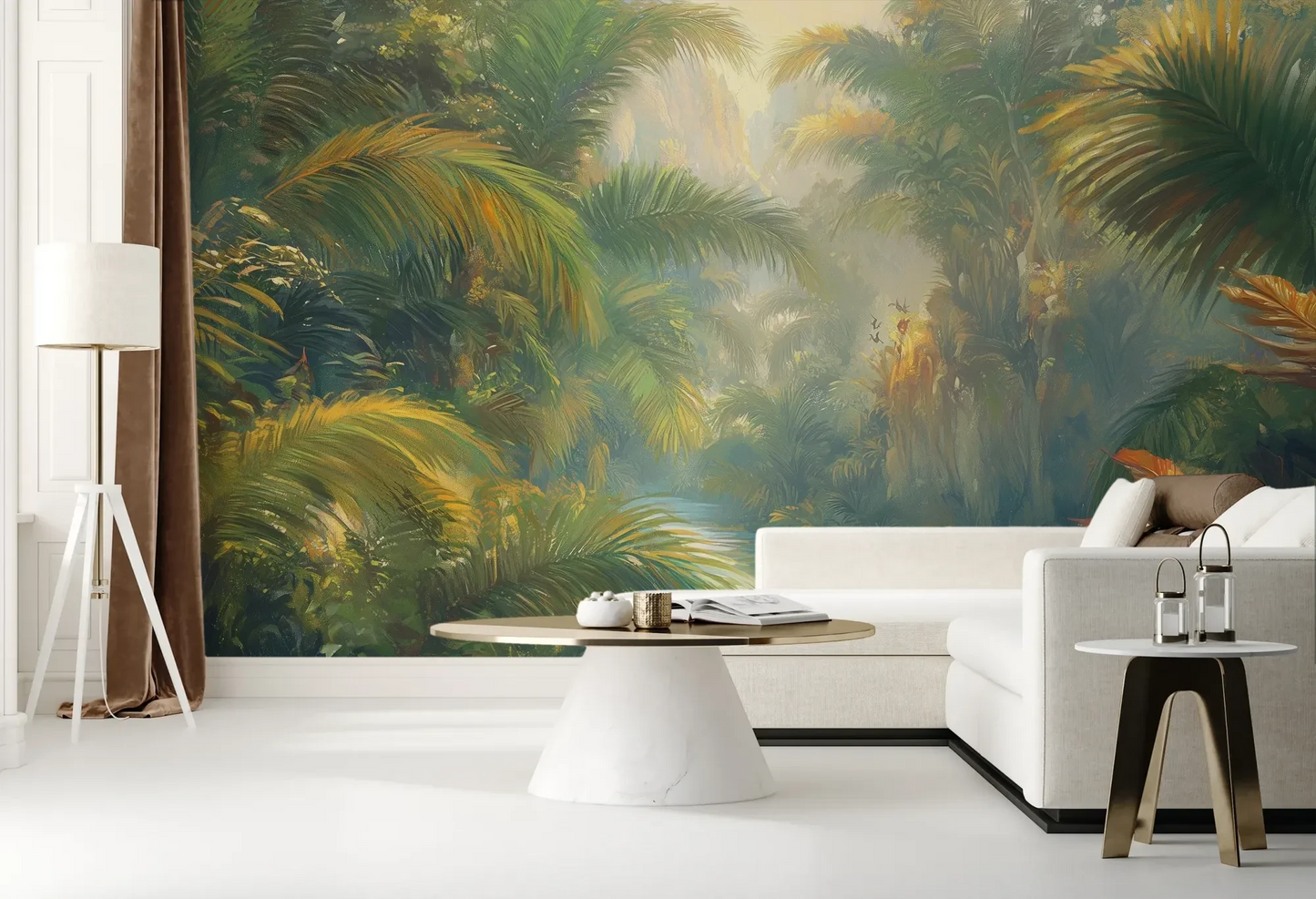 Wzór fototapety LUMINOUS TROPICS - tapeta z tropikalnym rajskim ogrodem w promieniach słońca pokazanej w aranżacji salonu.