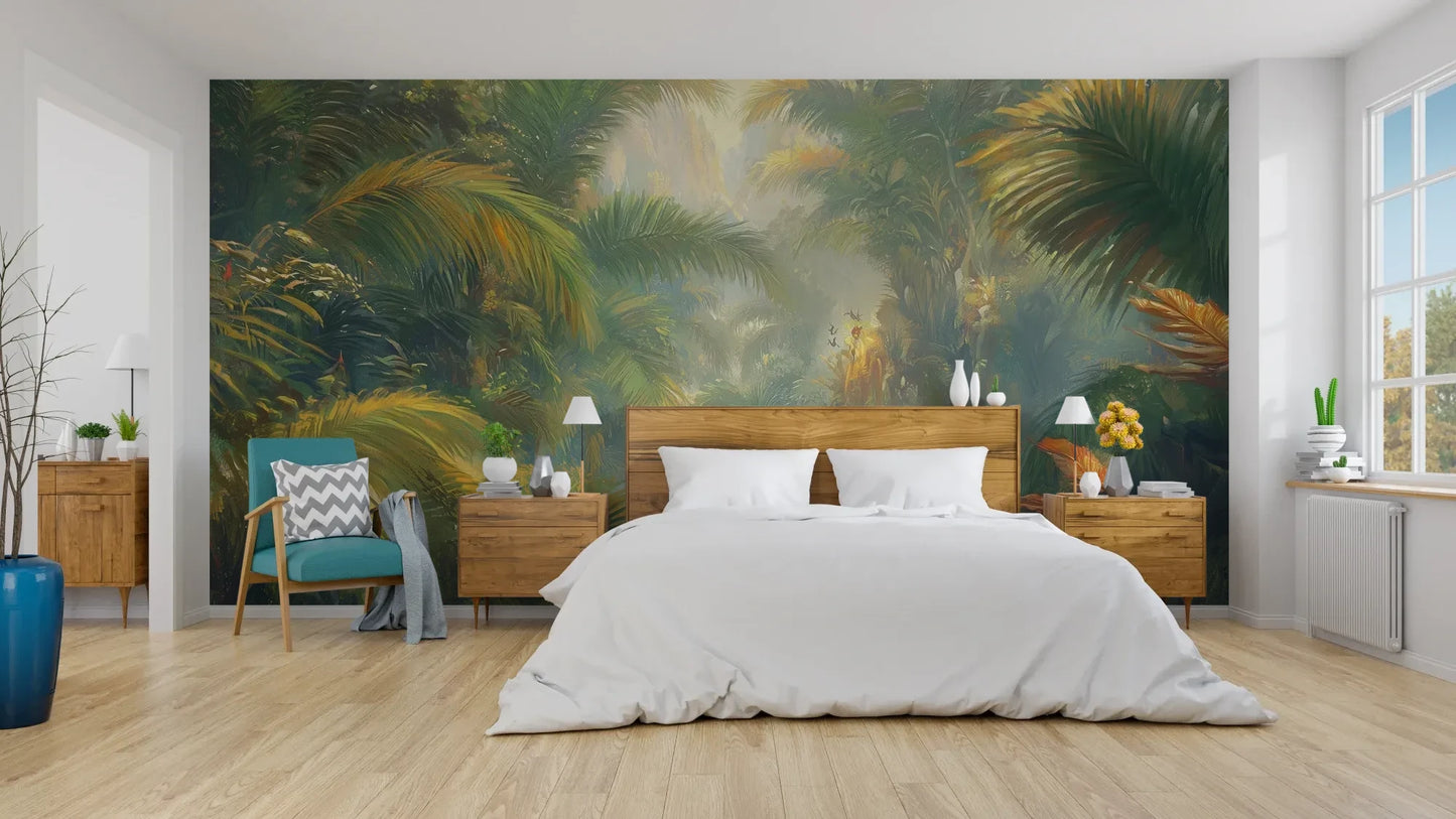 Wzór fototapety LUMINOUS TROPICS - tapeta z tropikalnym rajskim ogrodem w promieniach słońca pokazanej w aranżacji sypialni.