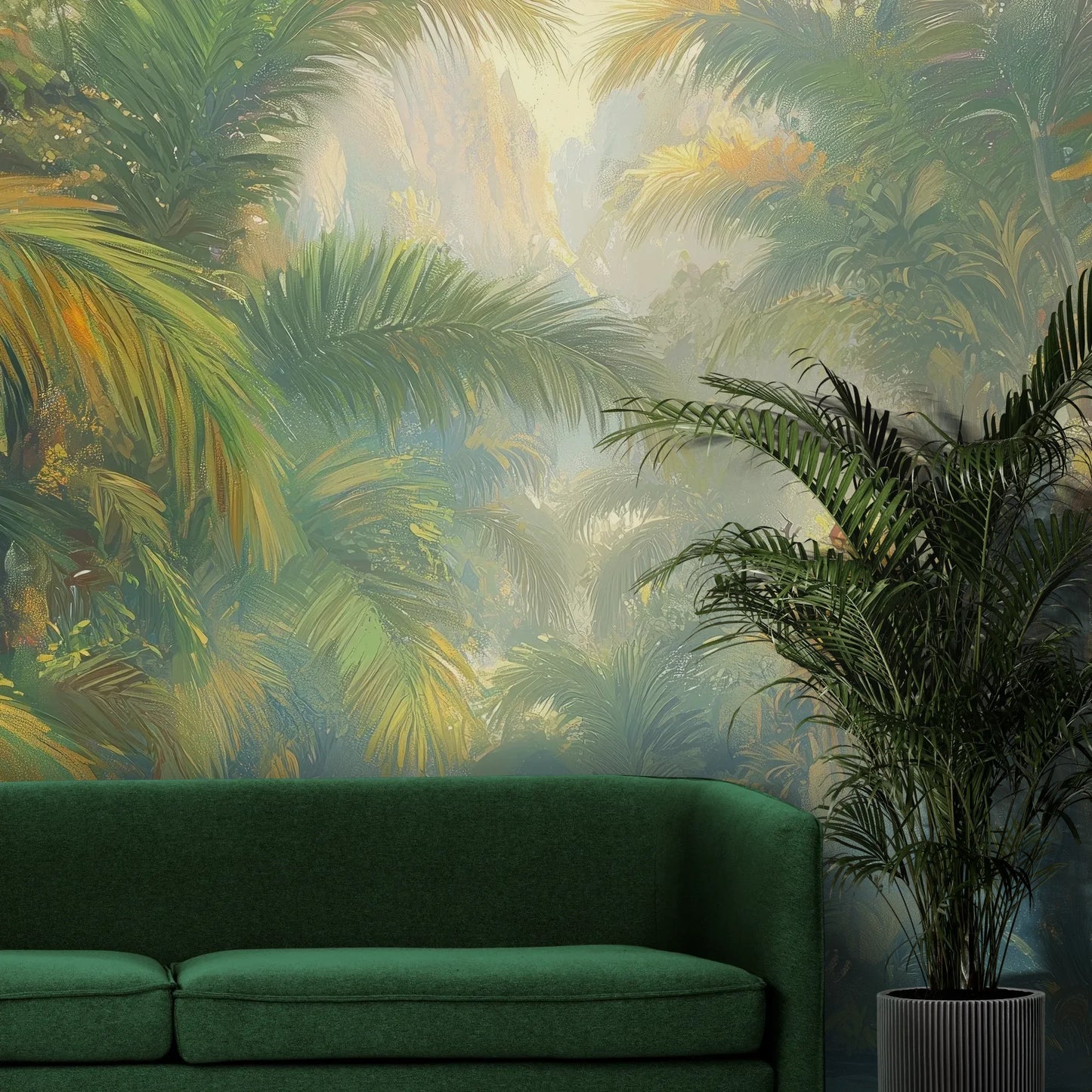 Fototapeta LUMINOUS TROPICS - tapeta z tropikalnym rajskim ogrodem w promieniach słońca pokazana w aranżacji wnętrza z akcentem na ścianie.