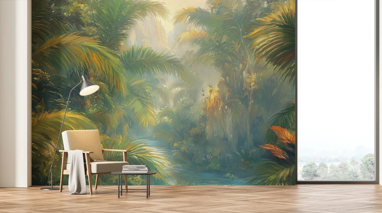 Wzór fototapety LUMINOUS TROPICS - tapeta z tropikalnym rajskim ogrodem w promieniach słońca pokazanej w aranżacji salonu.