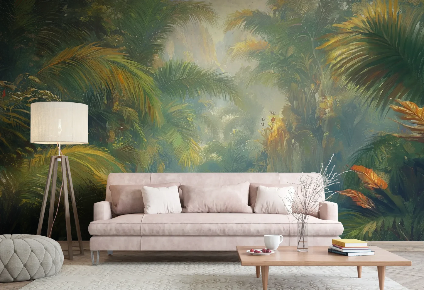 Wzór fototapety LUMINOUS TROPICS - tapeta z tropikalnym rajskim ogrodem w promieniach słońca pokazanej w aranżacji salonu.