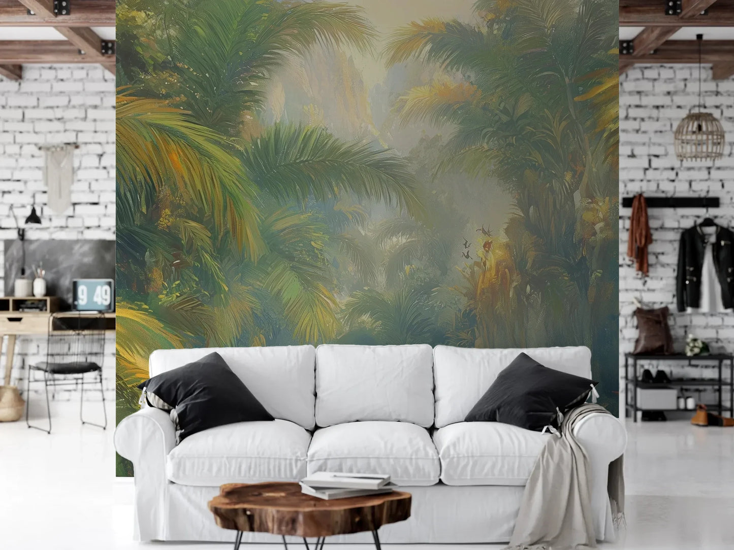 Wzór fototapety LUMINOUS TROPICS - tapeta z tropikalnym rajskim ogrodem w promieniach słońca pokazanej w aranżacji salonu.