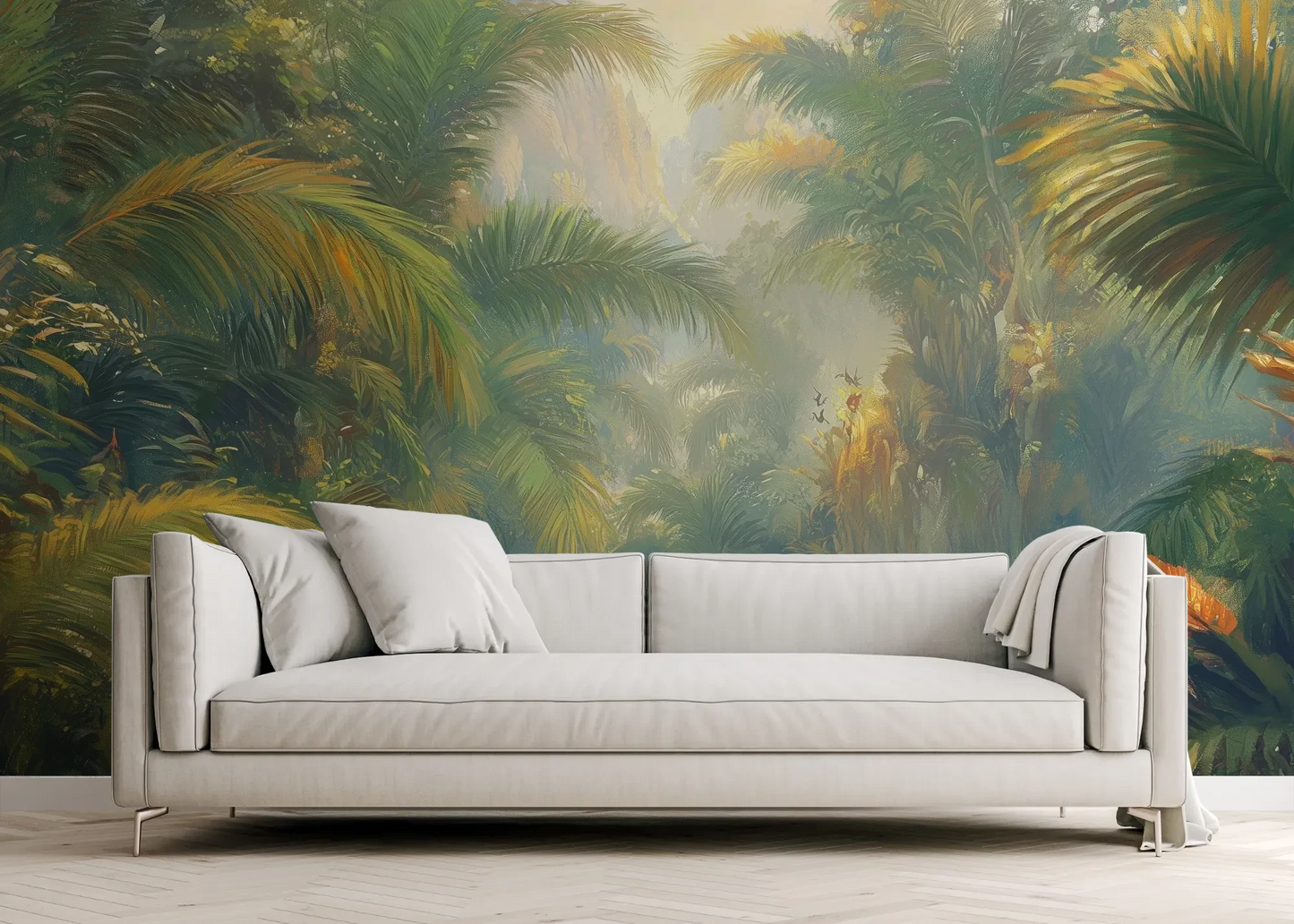 Wzór fototapety LUMINOUS TROPICS - tapeta z tropikalnym rajskim ogrodem w promieniach słońca pokazanej w aranżacji salonu.