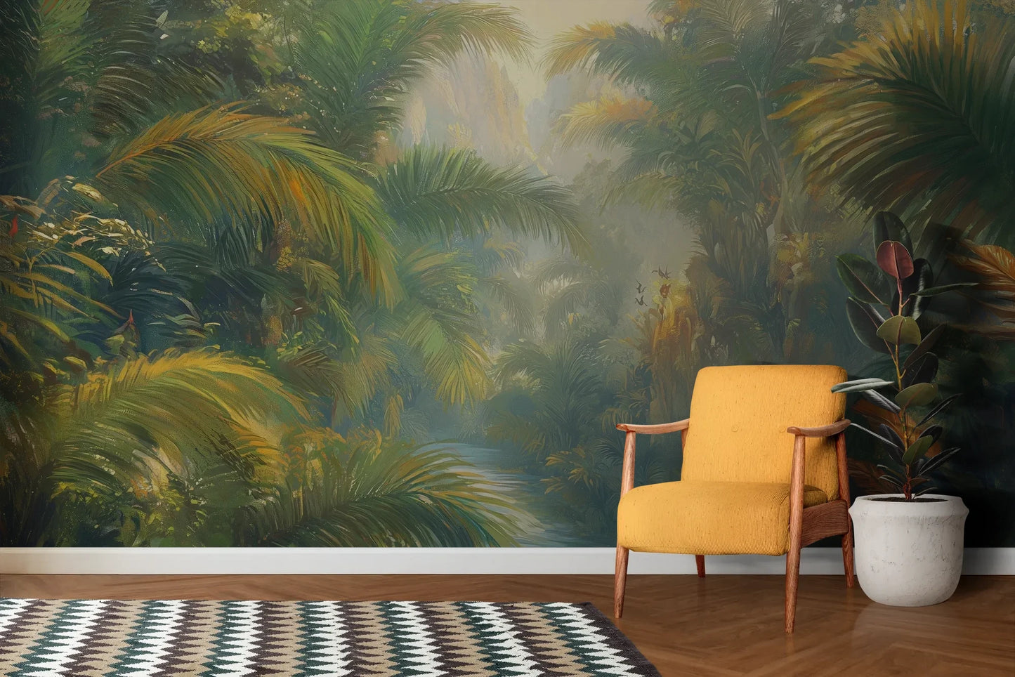 Wzór fototapety LUMINOUS TROPICS - tapeta z tropikalnym rajskim ogrodem w promieniach słońca pokazanej w aranżacji salonu.