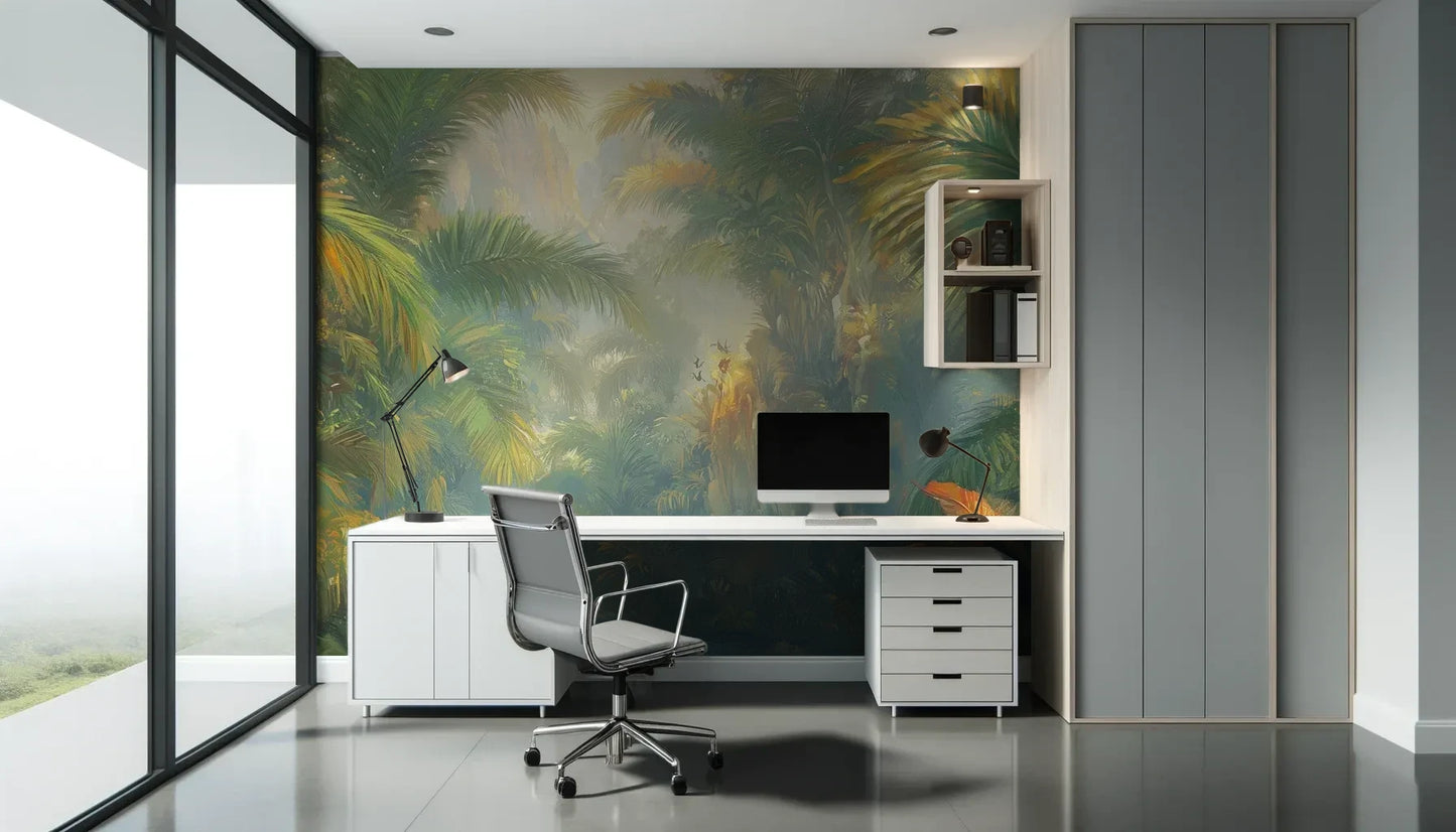 Fototapeta LUMINOUS TROPICS - tapeta z tropikalnym rajskim ogrodem w promieniach słońca pokazana w aranżacji biura.