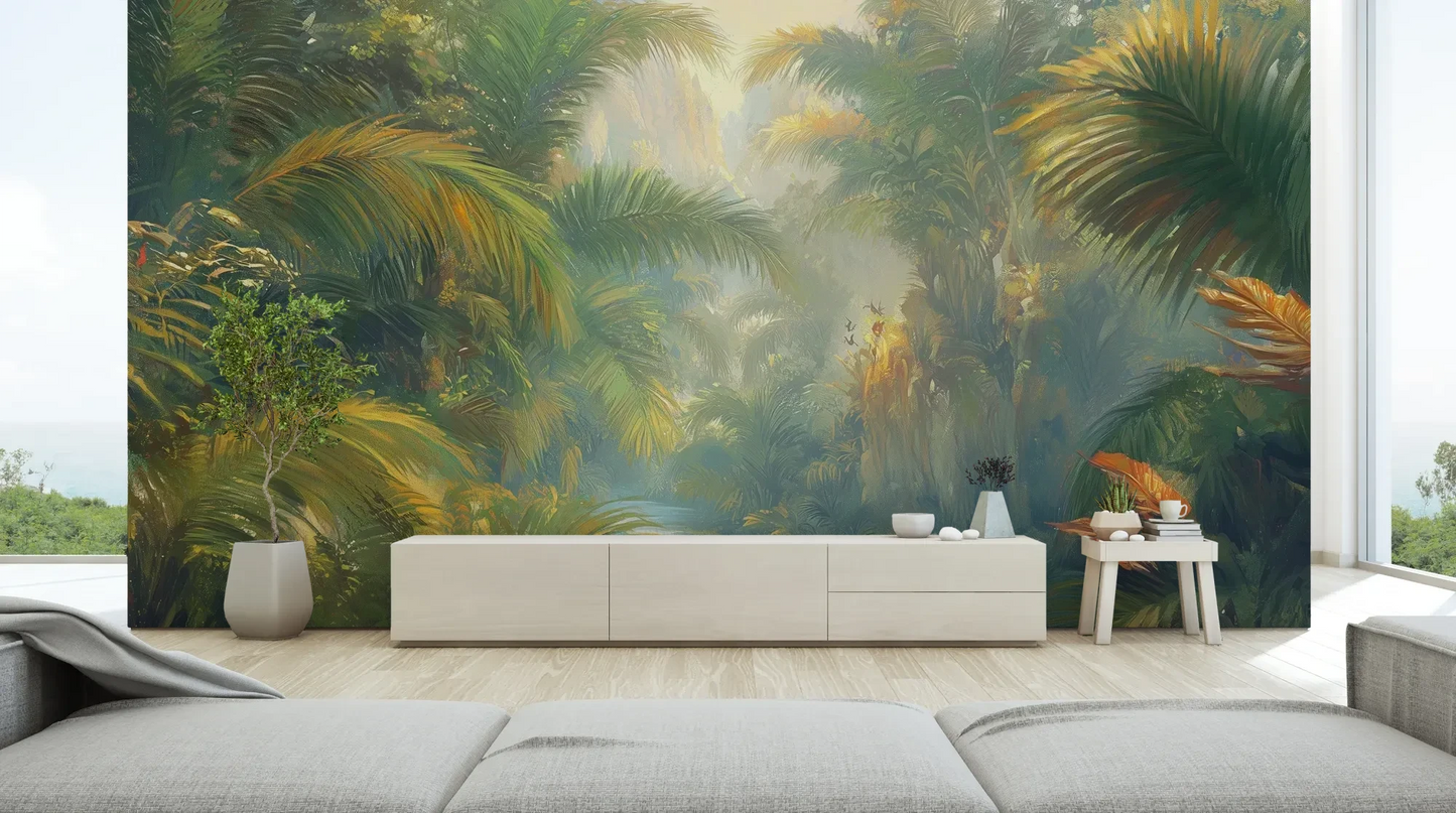 Wzór fototapety LUMINOUS TROPICS - tapeta z tropikalnym rajskim ogrodem w promieniach słońca pokazanej w aranżacji salonu.
