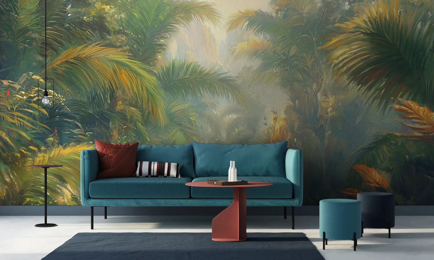 Wzór fototapety LUMINOUS TROPICS - tapeta z tropikalnym rajskim ogrodem w promieniach słońca pokazanej w aranżacji salonu.