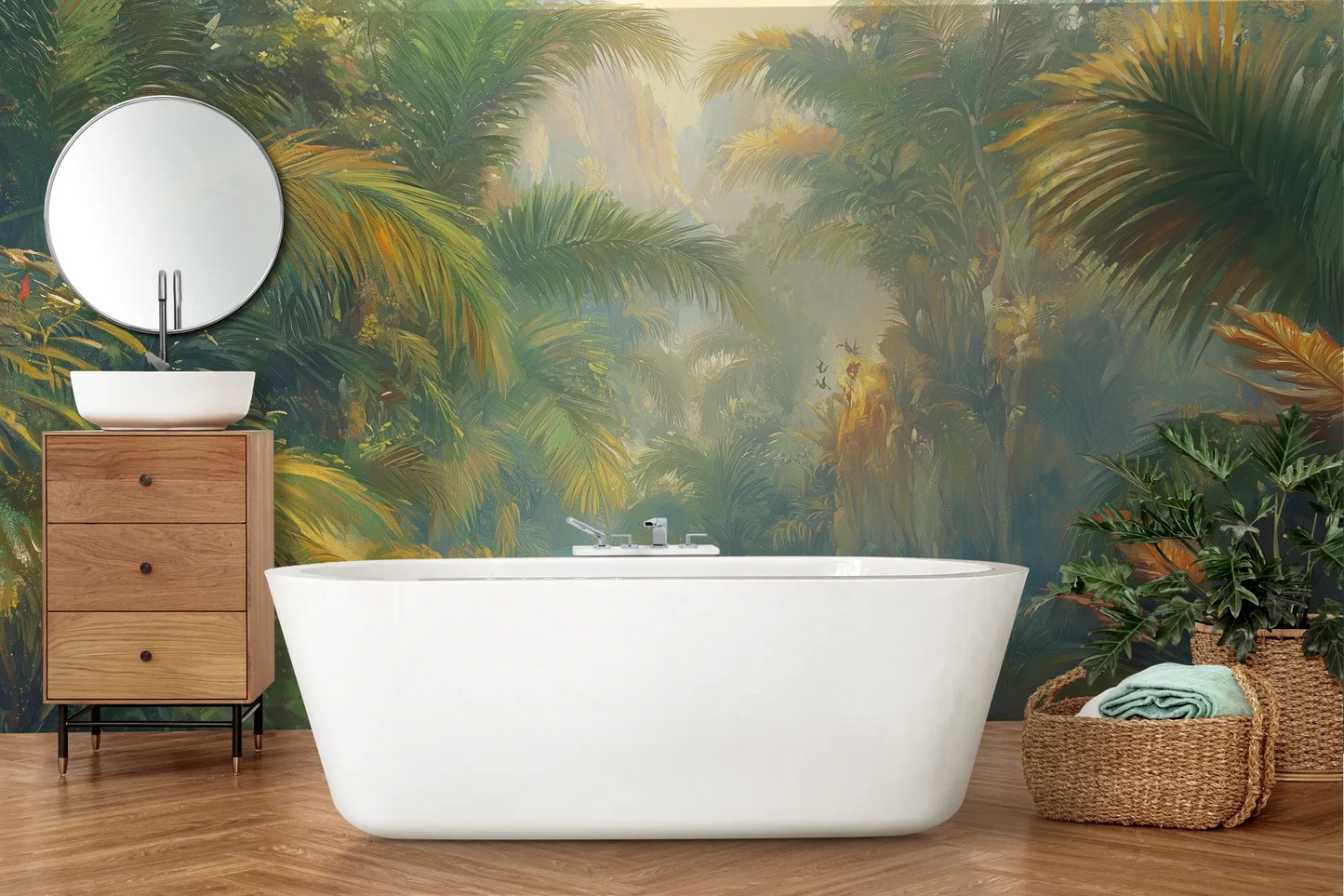 Wzór fototapety LUMINOUS TROPICS - tapeta z tropikalnym rajskim ogrodem w promieniach słońca pokazanej w aranżacji łazienki.