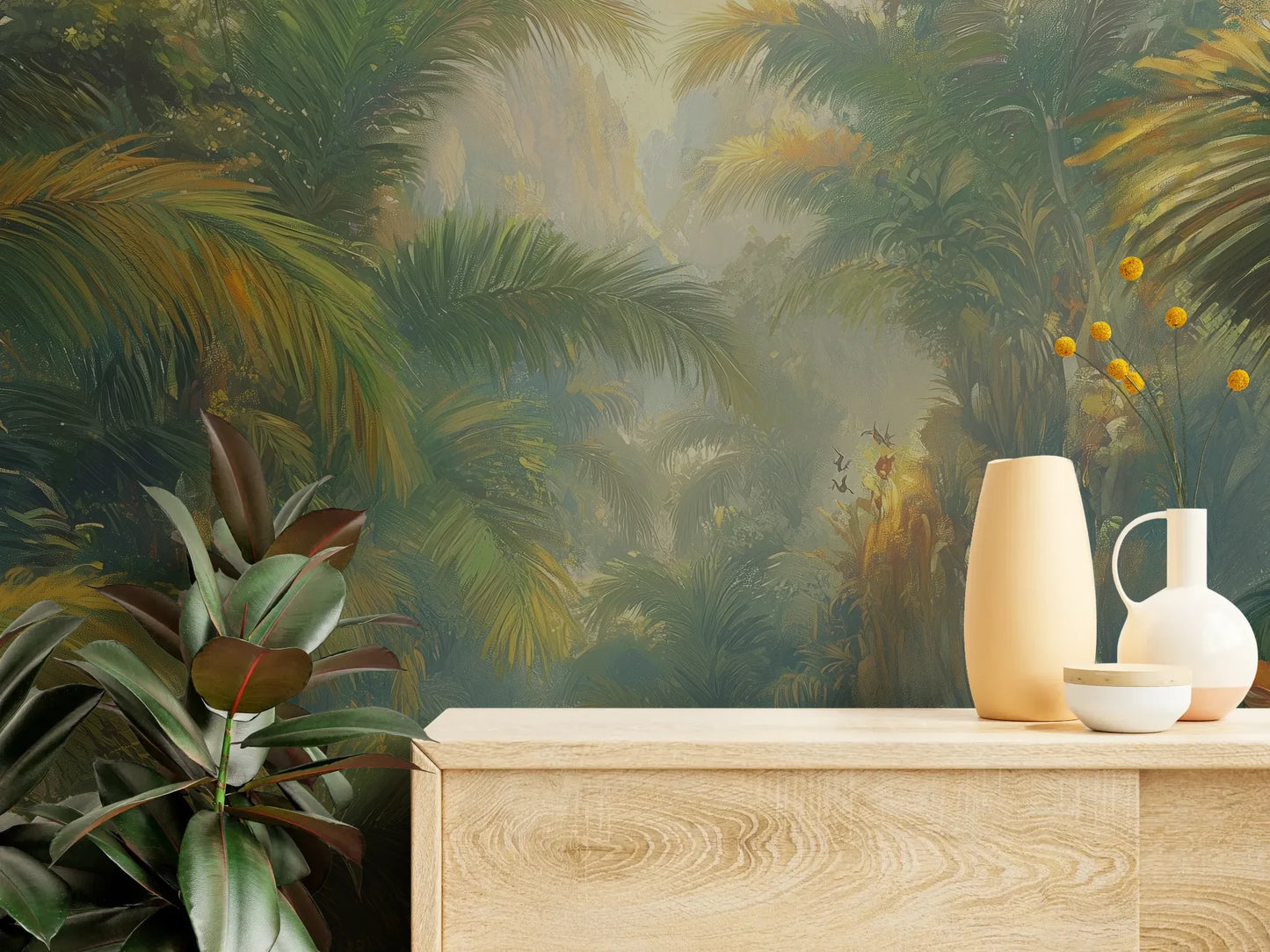 Fototapeta LUMINOUS TROPICS - tapeta z tropikalnym rajskim ogrodem w promieniach słońca pokazana w aranżacji wnętrza z akcentem na ścianie.