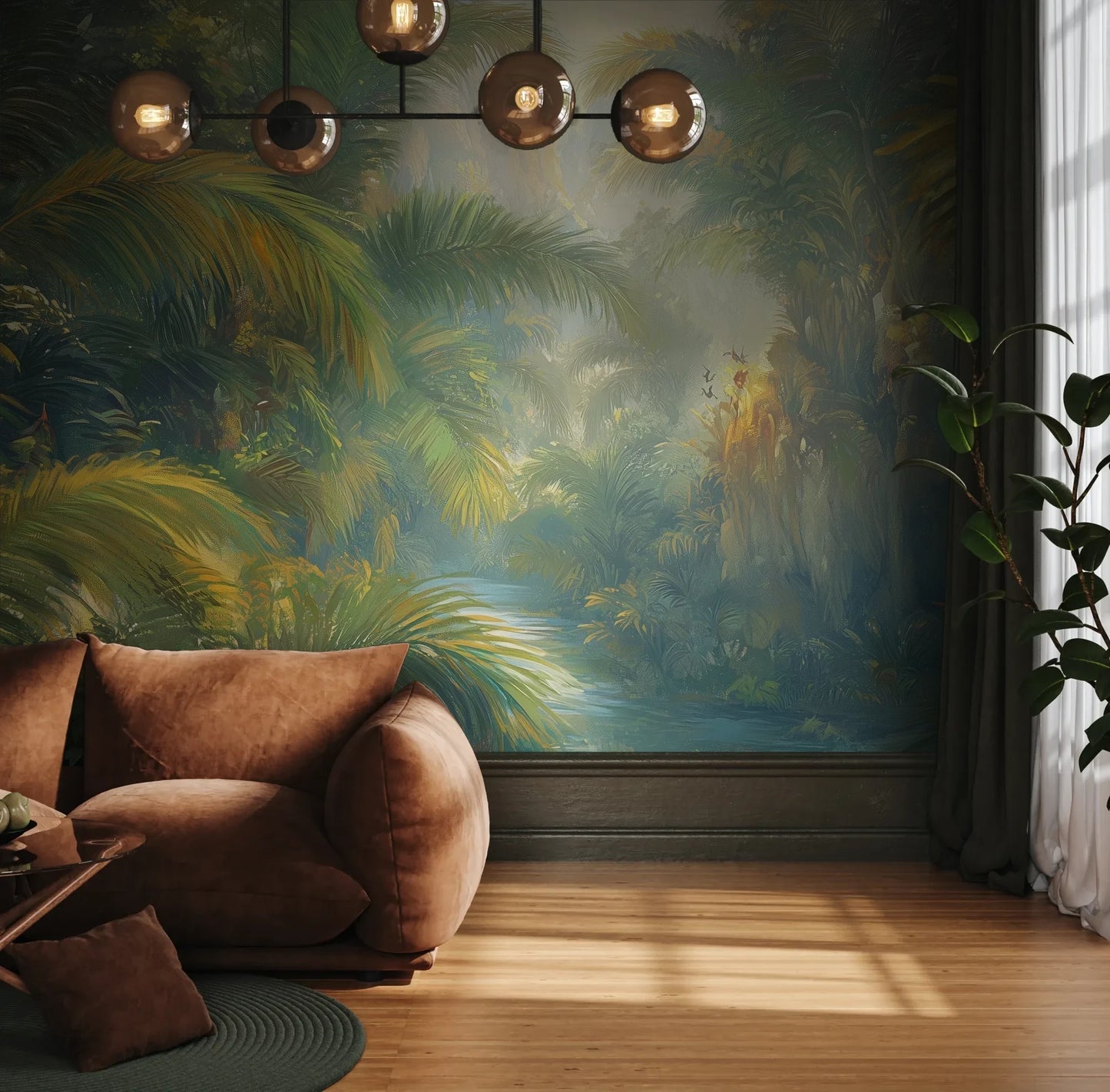 Fototapeta LUMINOUS TROPICS - tapeta z tropikalnym rajskim ogrodem w promieniach słońca pokazana w aranżacji wnętrza z akcentem na ścianie.
