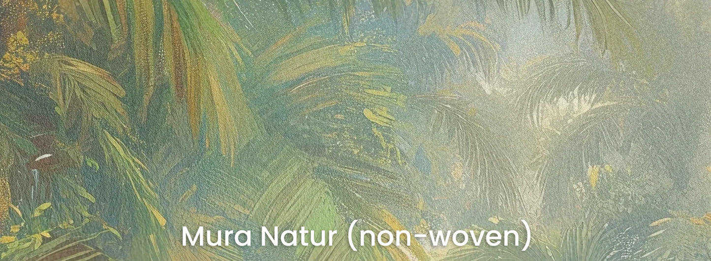 Zbliżenie na fototapetę LUMINOUS TROPICS - tapeta z tropikalnym rajskim ogrodem w promieniach słońca na naturalnym podłożu ekologicznym.
