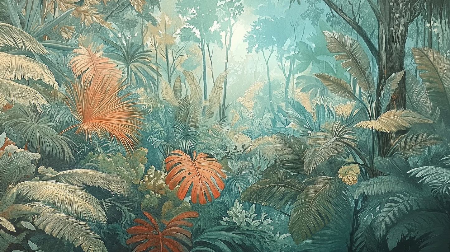 Prezentacja całego wzoru fototapety o nazwie CORAL MIST - tapeta z tropikalną dżunglą w miętowo-koralowej poświacie