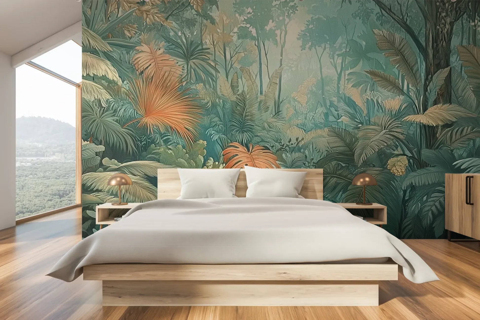 Wzór fototapety CORAL MIST - tapeta z tropikalną dżunglą w miętowo-koralowej poświacie pokazanej w aranżacji sypialni.