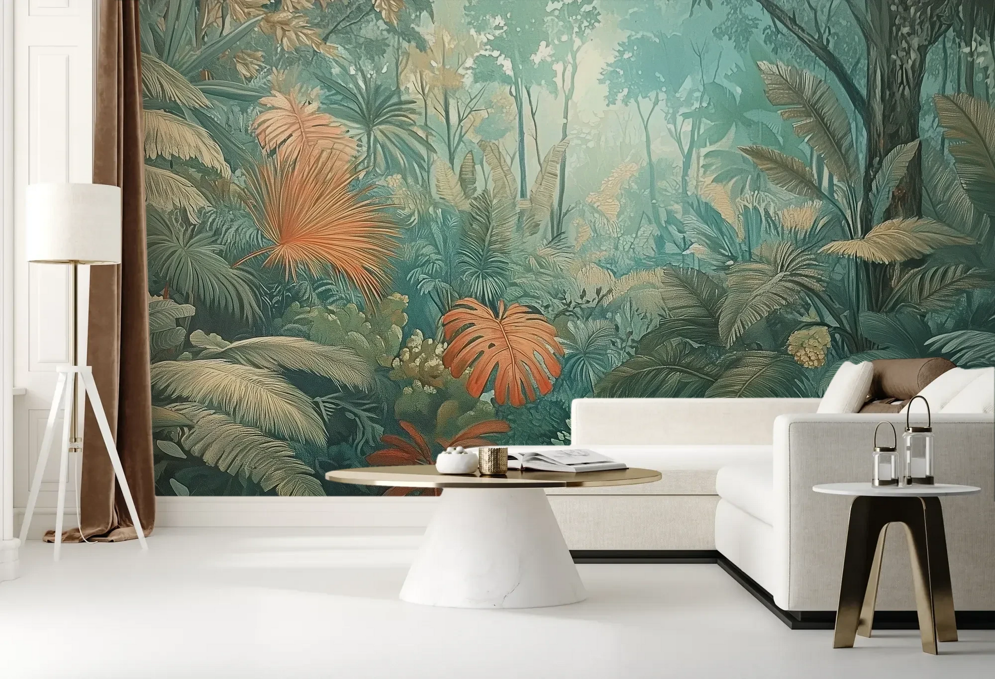Wzór fototapety CORAL MIST - tapeta z tropikalną dżunglą w miętowo-koralowej poświacie pokazanej w aranżacji salonu.