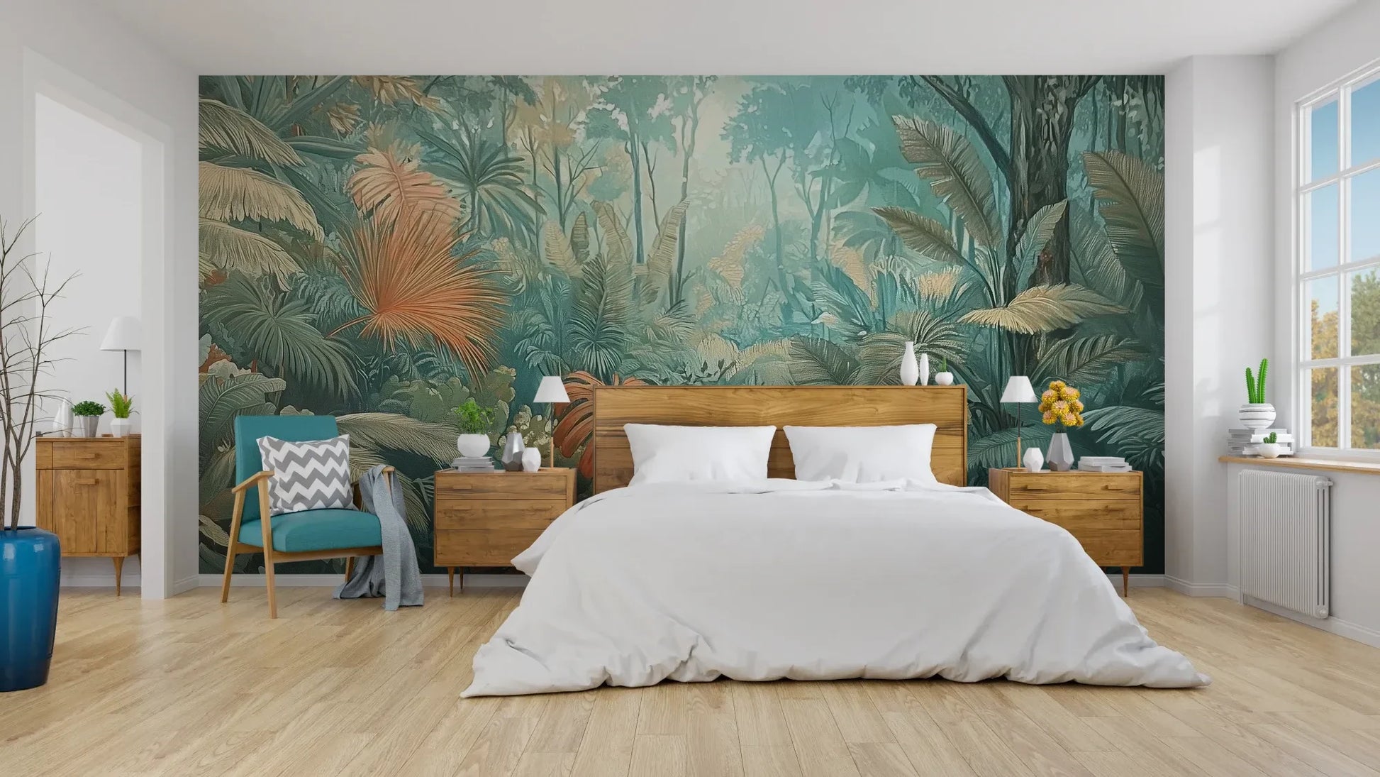 Wzór fototapety CORAL MIST - tapeta z tropikalną dżunglą w miętowo-koralowej poświacie pokazanej w aranżacji sypialni.