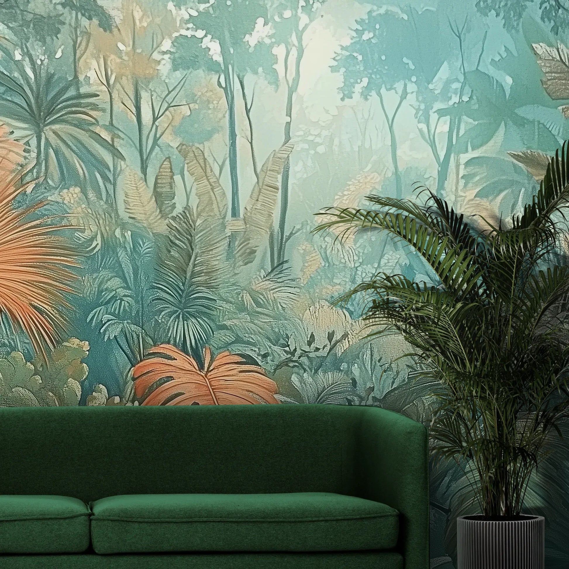 Fototapeta CORAL MIST - tapeta z tropikalną dżunglą w miętowo-koralowej poświacie pokazana w aranżacji wnętrza z akcentem na ścianie.