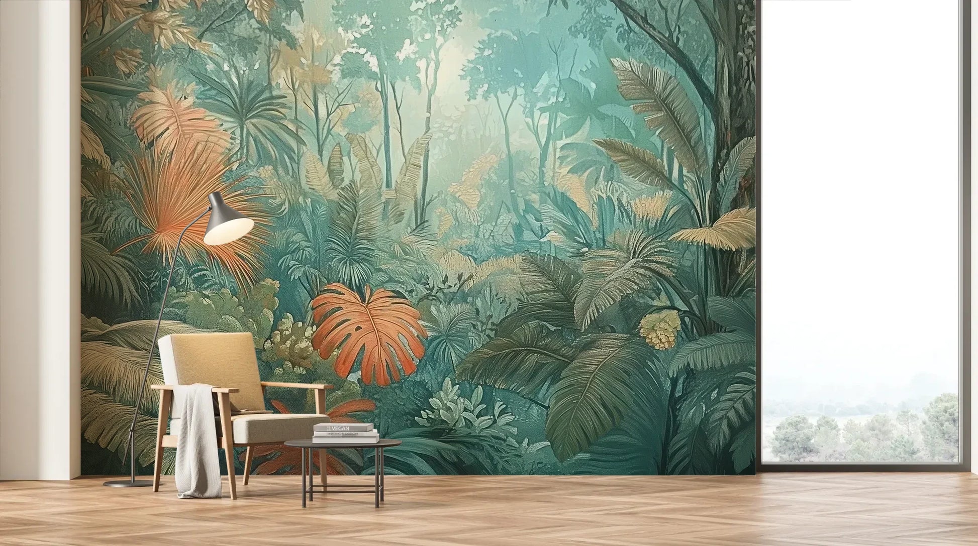 Wzór fototapety CORAL MIST - tapeta z tropikalną dżunglą w miętowo-koralowej poświacie pokazanej w aranżacji salonu.