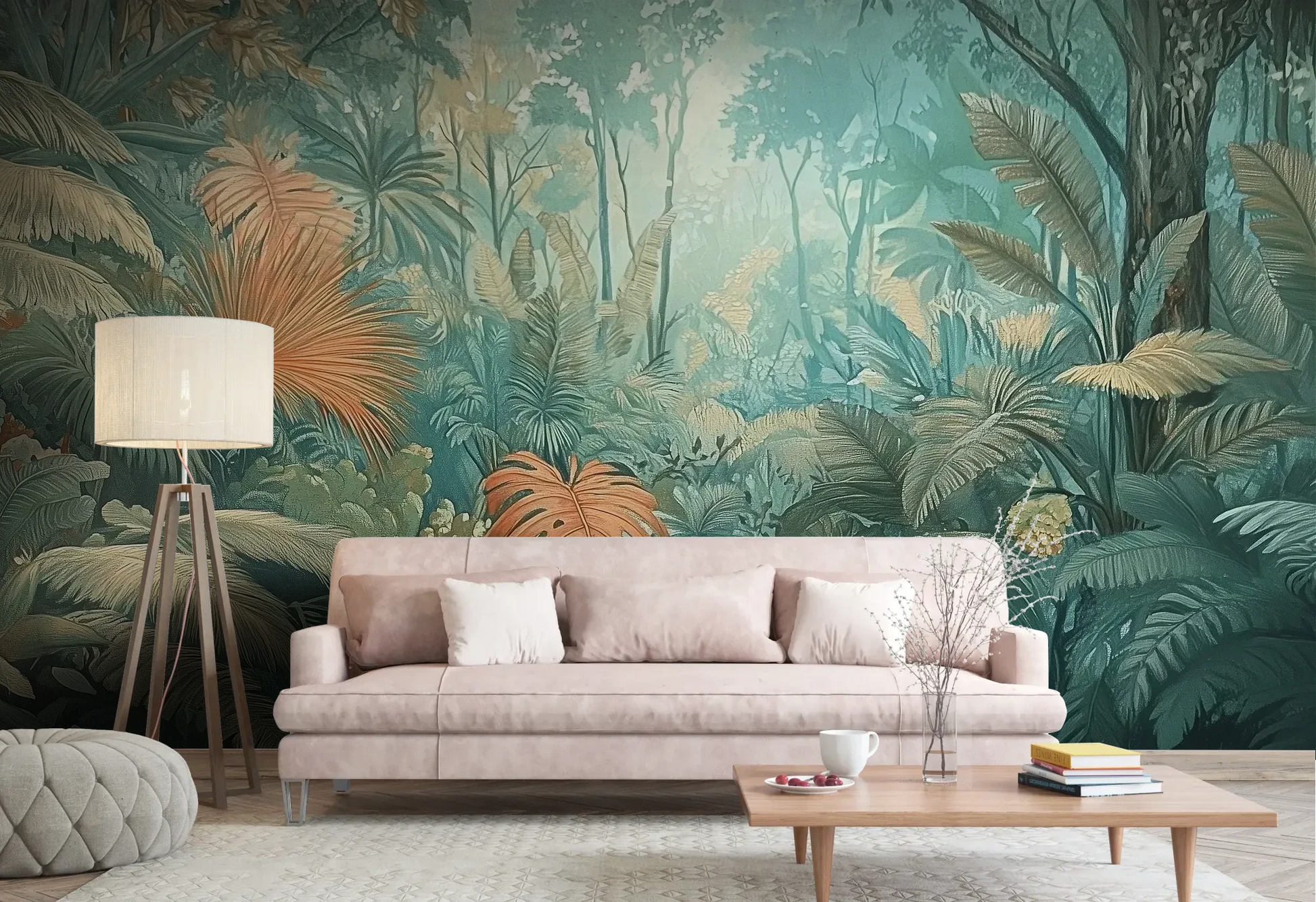 Wzór fototapety CORAL MIST - tapeta z tropikalną dżunglą w miętowo-koralowej poświacie pokazanej w aranżacji salonu.