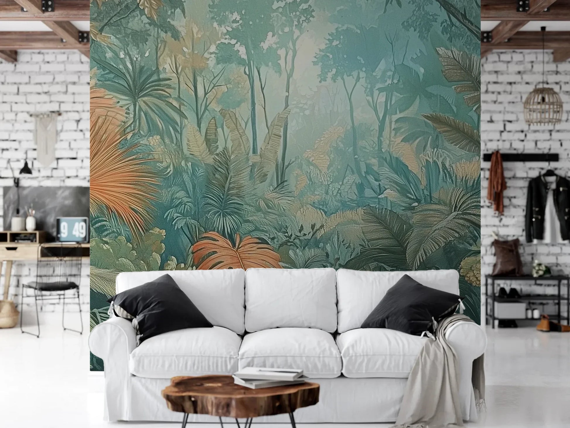 Wzór fototapety CORAL MIST - tapeta z tropikalną dżunglą w miętowo-koralowej poświacie pokazanej w aranżacji salonu.