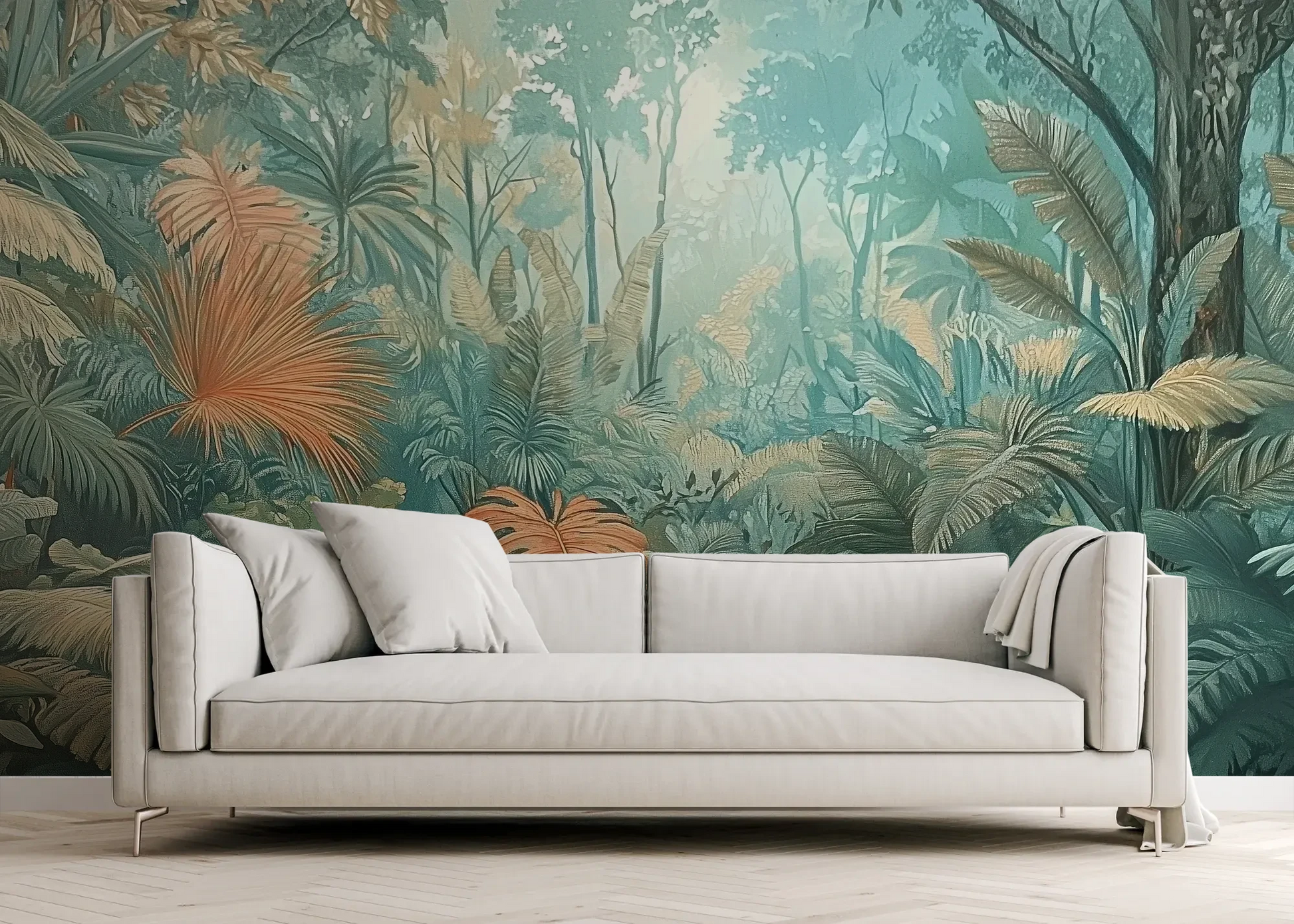 Wzór fototapety CORAL MIST - tapeta z tropikalną dżunglą w miętowo-koralowej poświacie pokazanej w aranżacji salonu.