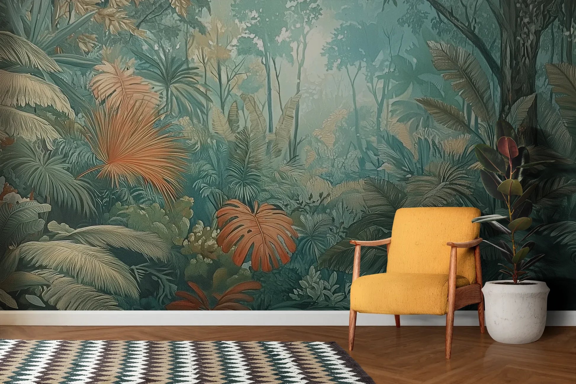 Wzór fototapety CORAL MIST - tapeta z tropikalną dżunglą w miętowo-koralowej poświacie pokazanej w aranżacji salonu.