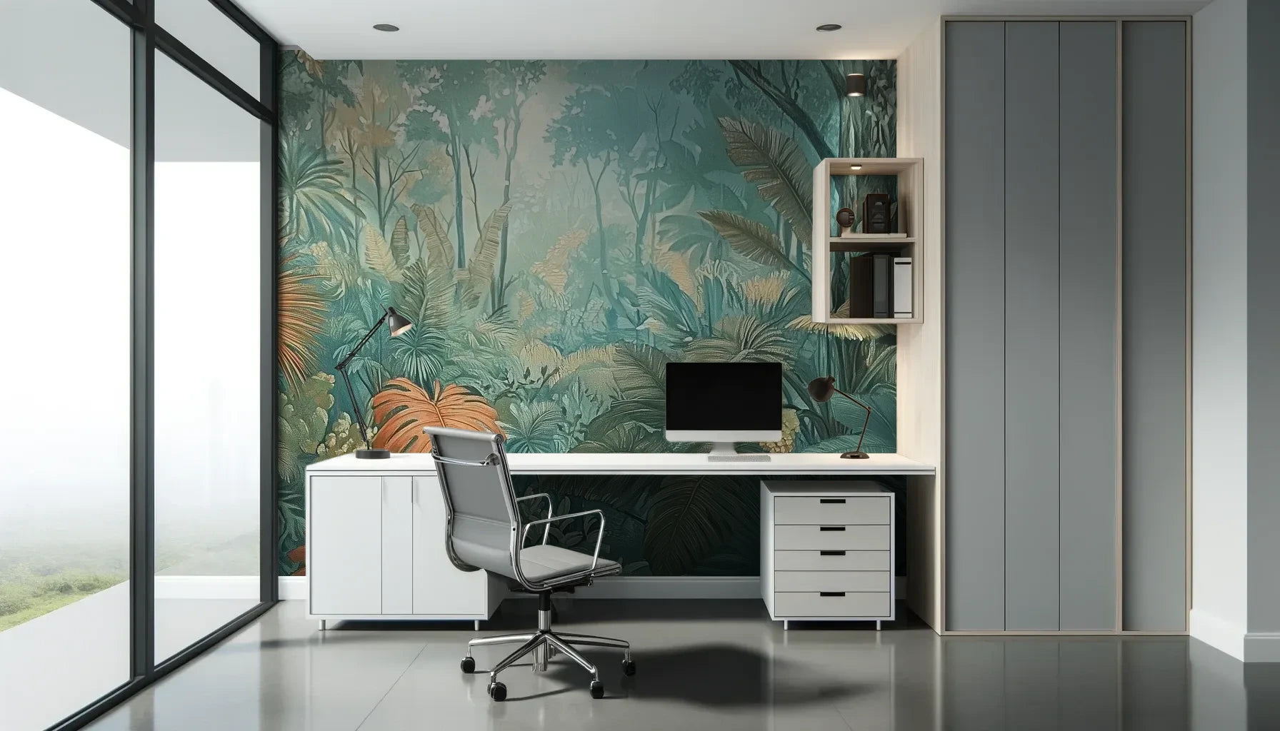 Fototapeta CORAL MIST - tapeta z tropikalną dżunglą w miętowo-koralowej poświacie pokazana w aranżacji biura.