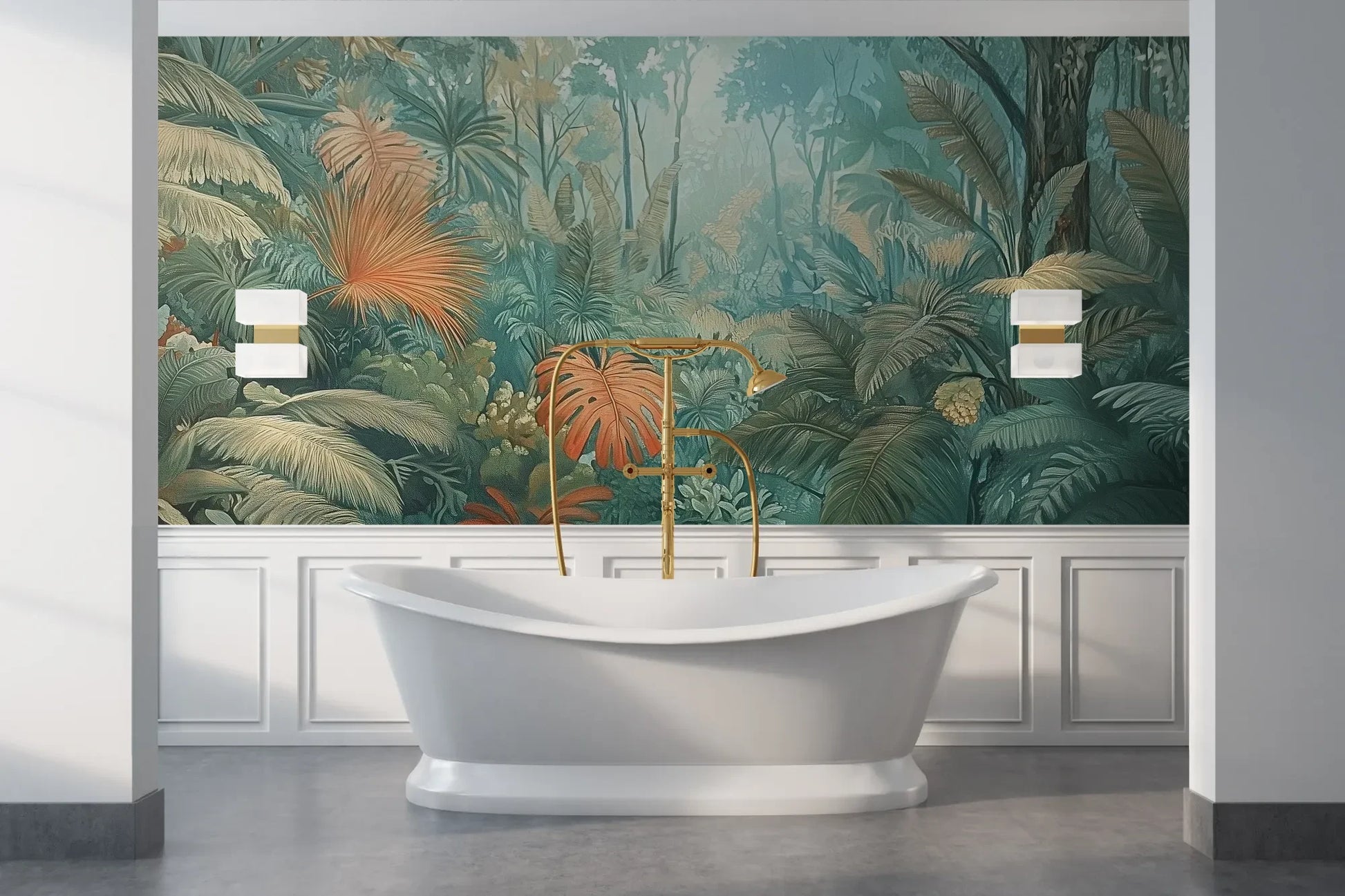 Wzór fototapety CORAL MIST - tapeta z tropikalną dżunglą w miętowo-koralowej poświacie pokazanej w aranżacji łazienki.