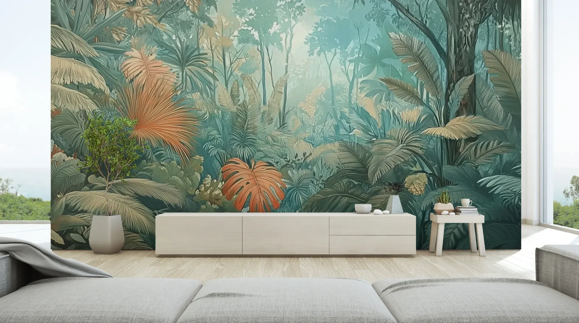 Wzór fototapety CORAL MIST - tapeta z tropikalną dżunglą w miętowo-koralowej poświacie pokazanej w aranżacji salonu.
