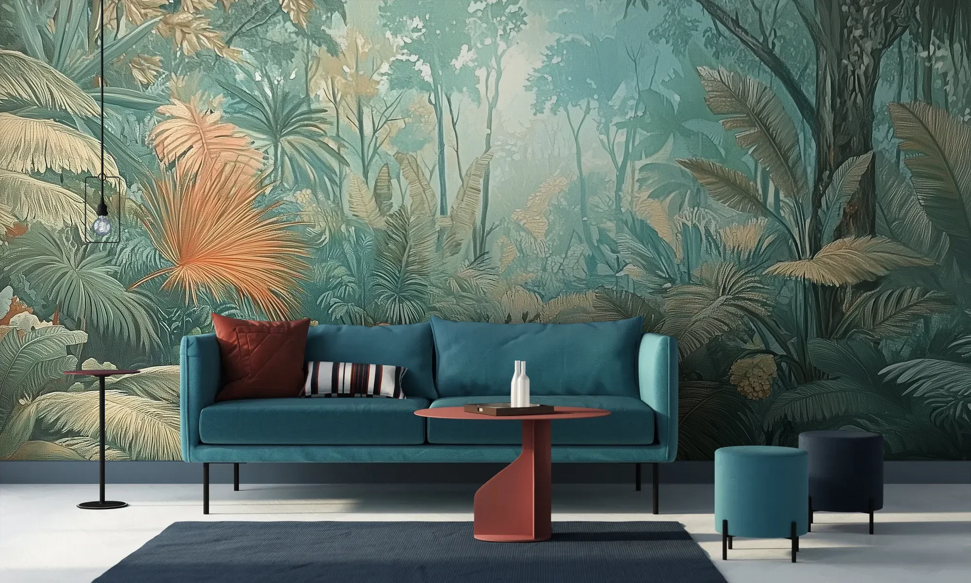 Wzór fototapety CORAL MIST - tapeta z tropikalną dżunglą w miętowo-koralowej poświacie pokazanej w aranżacji salonu.