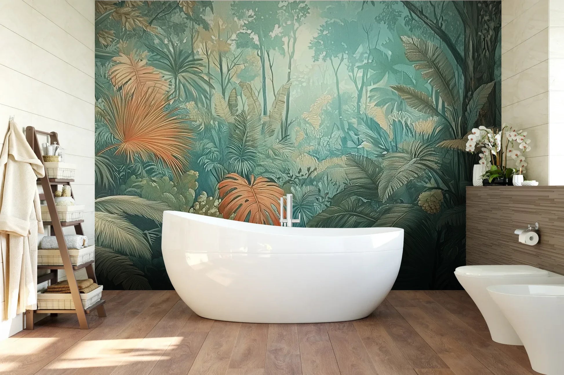 Wzór fototapety CORAL MIST - tapeta z tropikalną dżunglą w miętowo-koralowej poświacie pokazanej w aranżacji łazienki.
