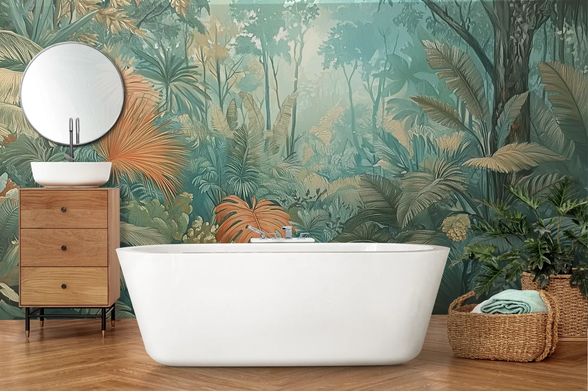 Wzór fototapety CORAL MIST - tapeta z tropikalną dżunglą w miętowo-koralowej poświacie pokazanej w aranżacji łazienki.