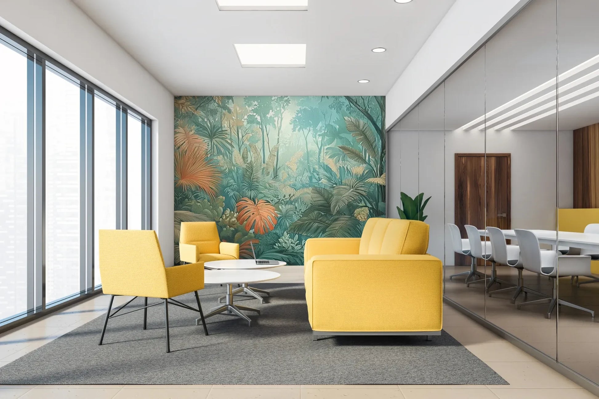 Fototapeta CORAL MIST - tapeta z tropikalną dżunglą w miętowo-koralowej poświacie w aranżacji wnętrza.