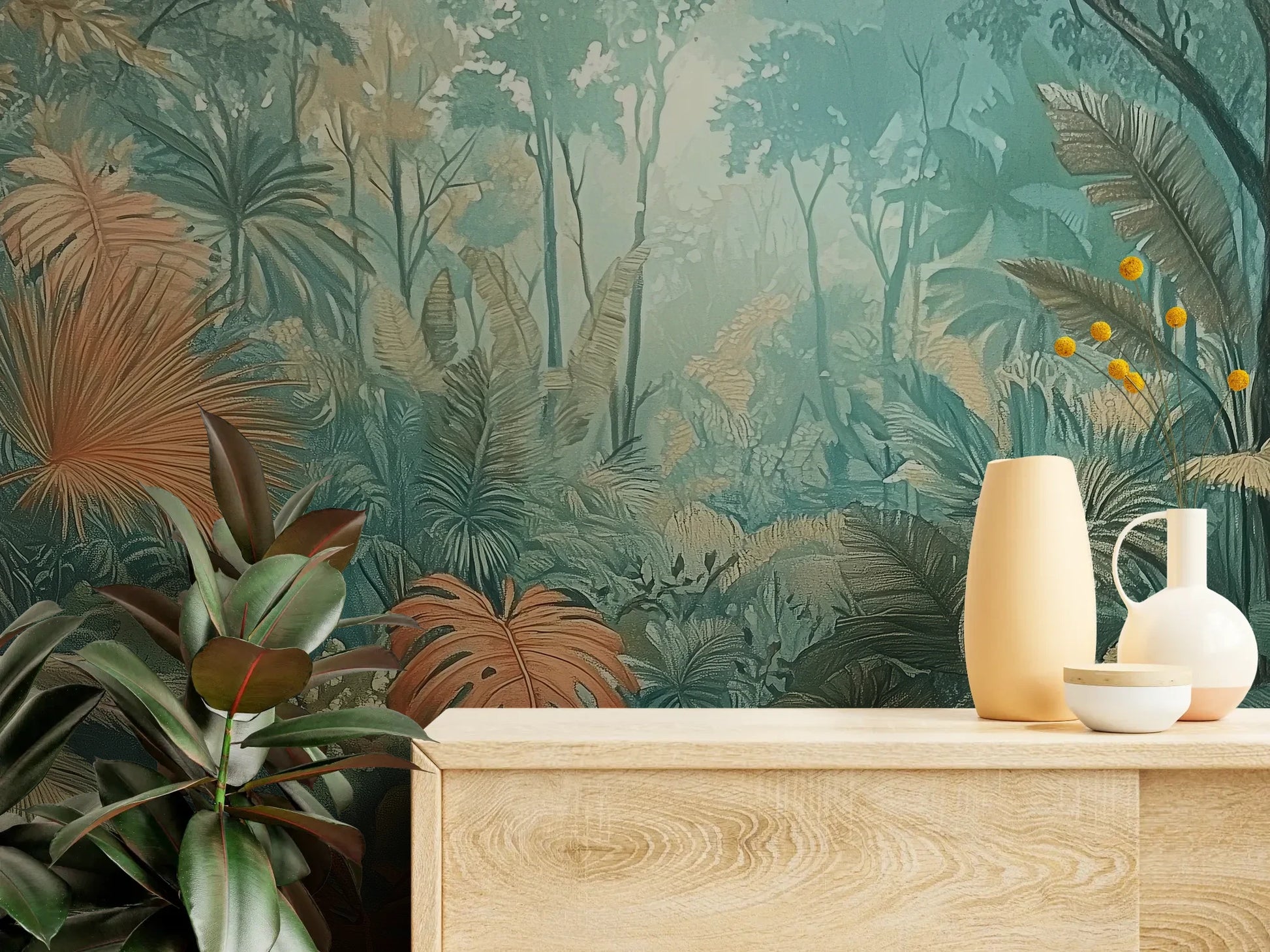 Fototapeta CORAL MIST - tapeta z tropikalną dżunglą w miętowo-koralowej poświacie pokazana w aranżacji wnętrza z akcentem na ścianie.