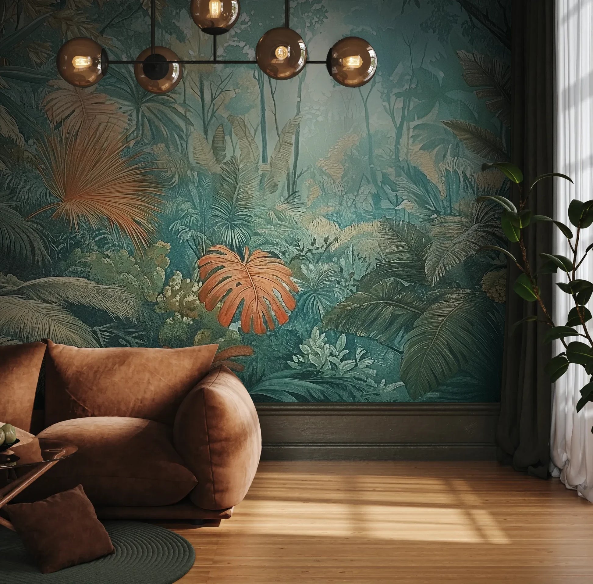 Fototapeta CORAL MIST - tapeta z tropikalną dżunglą w miętowo-koralowej poświacie pokazana w aranżacji wnętrza z akcentem na ścianie.