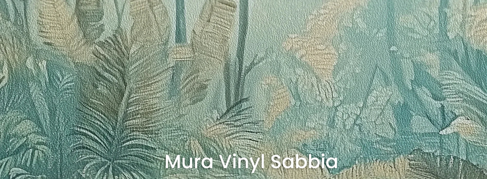 Zbliżenie na fototapetę CORAL MIST - tapeta z tropikalną dżunglą w miętowo-koralowej poświacie na podłożu o strukturze ziarna piasku.