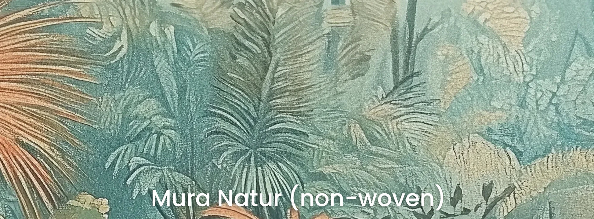 Zbliżenie na fototapetę CORAL MIST - tapeta z tropikalną dżunglą w miętowo-koralowej poświacie na naturalnym podłożu ekologicznym.