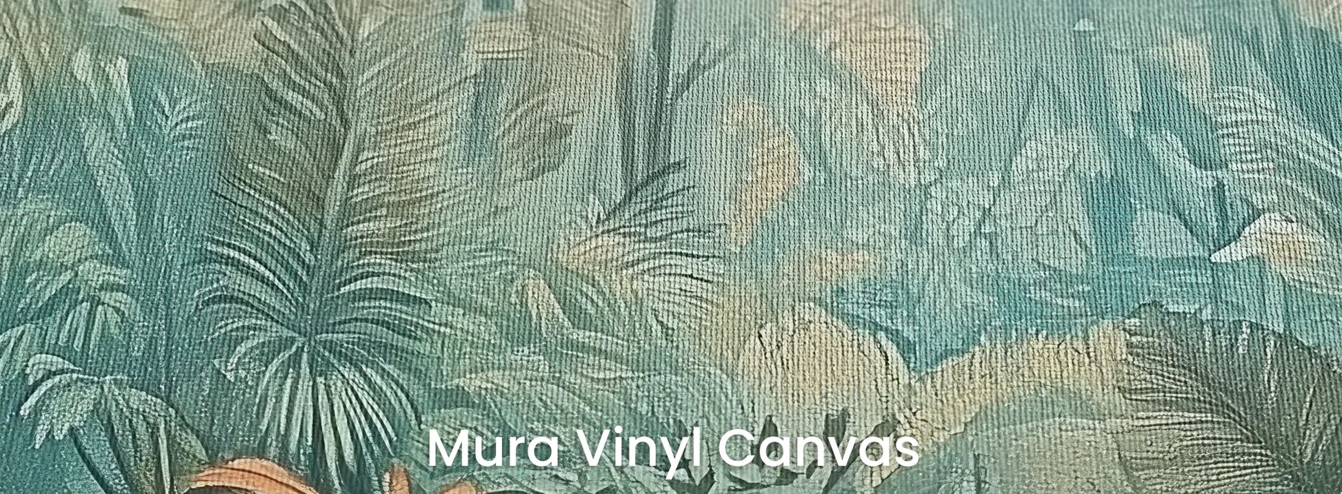 Zbliżenie na fototapetę CORAL MIST - tapeta z tropikalną dżunglą w miętowo-koralowej poświacie na podłożu o fakturze płótna.