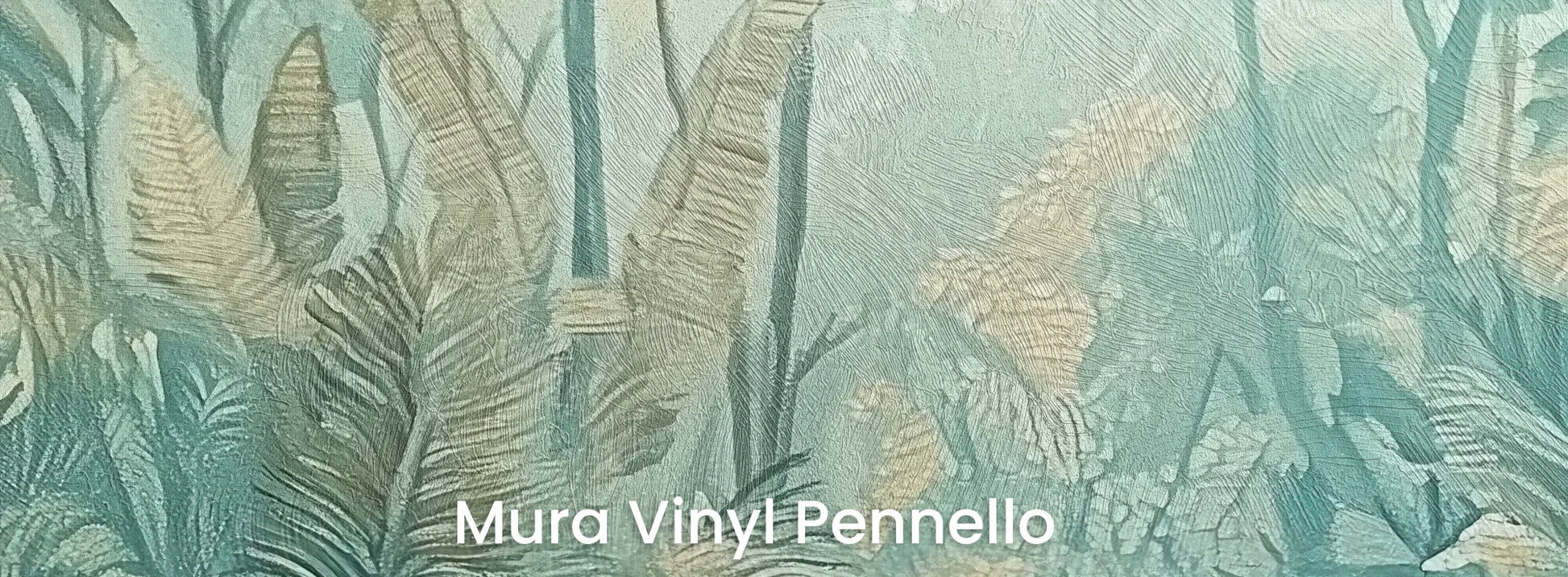 Zbliżenie na fototapetę CORAL MIST - tapeta z tropikalną dżunglą w miętowo-koralowej poświacie na podłożu o fakturze pociągnięć pędzla.