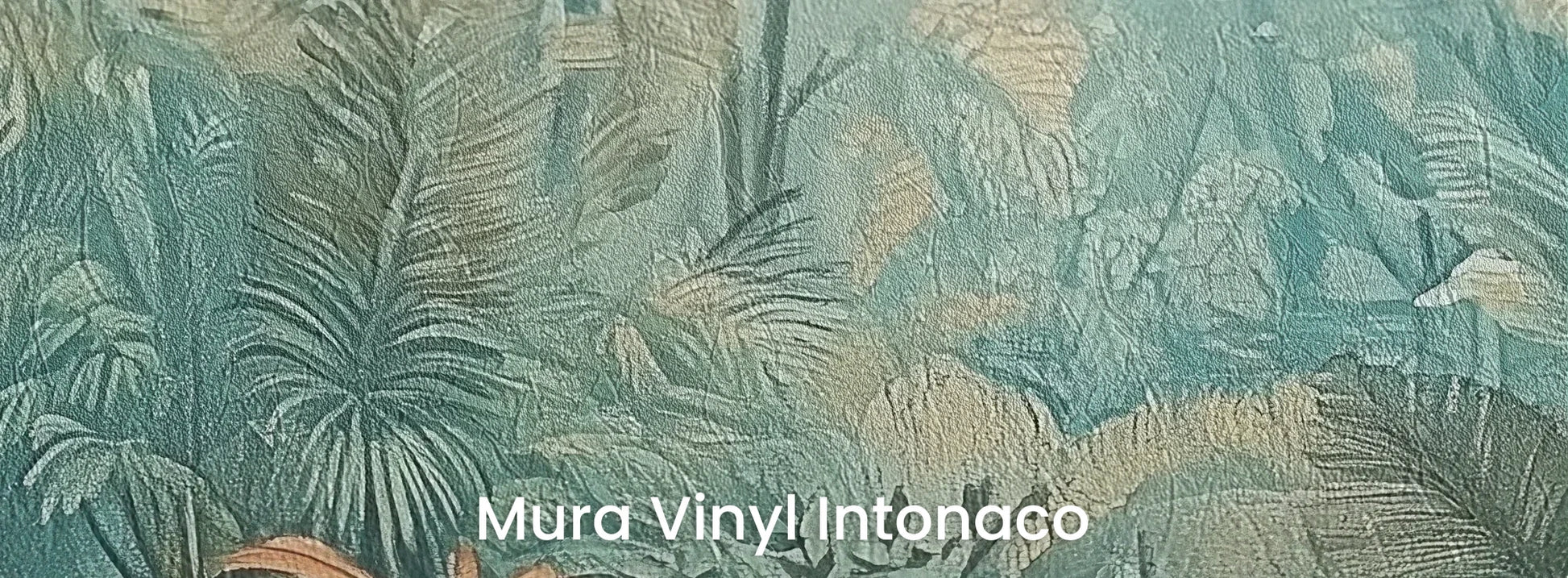 Zbliżenie na fototapetę CORAL MIST - tapeta z tropikalną dżunglą w miętowo-koralowej poświacie na podłożu o strukturze tartego tynku.