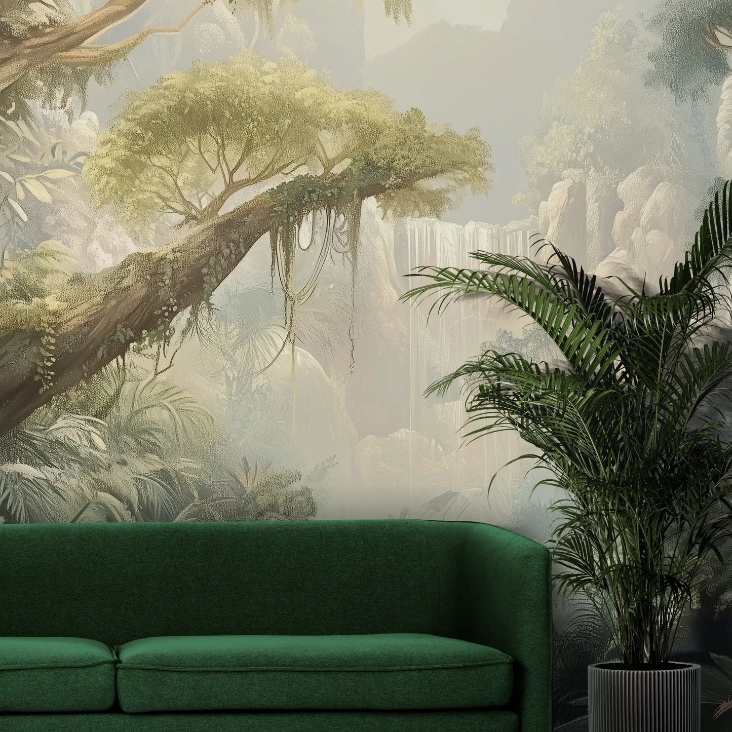 Fototapeta MISTY ENCHANTMENT - tapeta z tropikalną dżunglą w porannej mgle pokazana w aranżacji wnętrza z akcentem na ścianie.