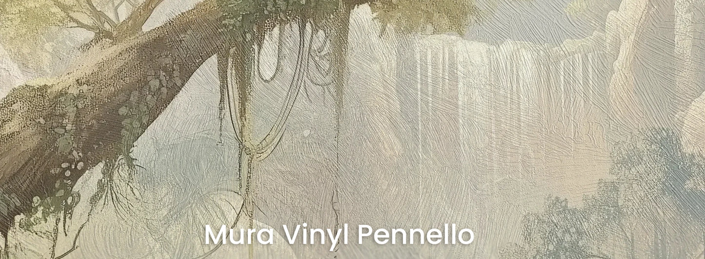 Zbliżenie na fototapetę MISTY ENCHANTMENT - tapeta z tropikalną dżunglą w porannej mgle na podłożu o fakturze pociągnięć pędzla.