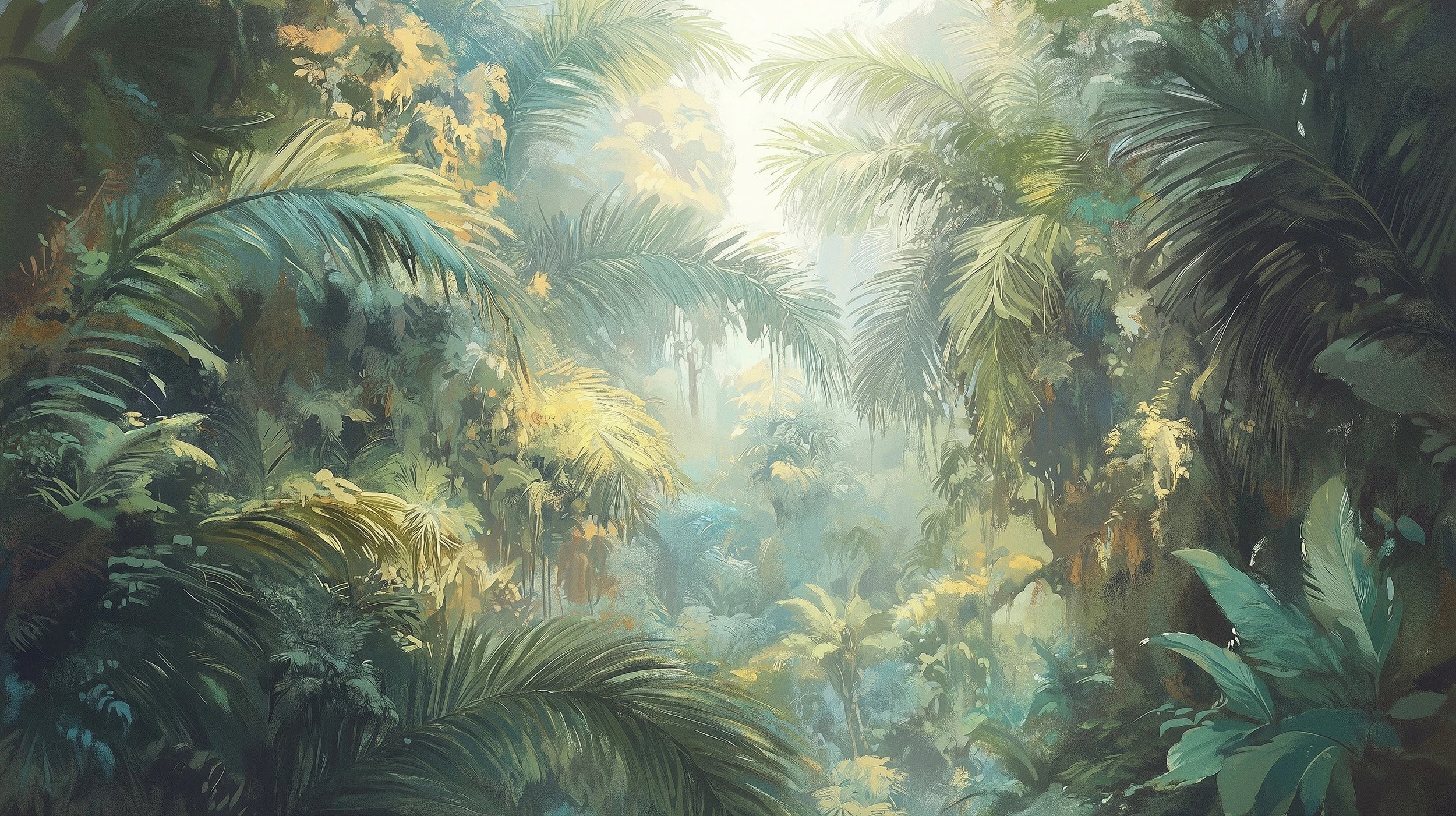 Pattern preview: Prezentacja całego wzoru fototapety o nazwie LUMINOUS RAINFOREST - tapeta z tropikalną dżunglą w promieniach słońca