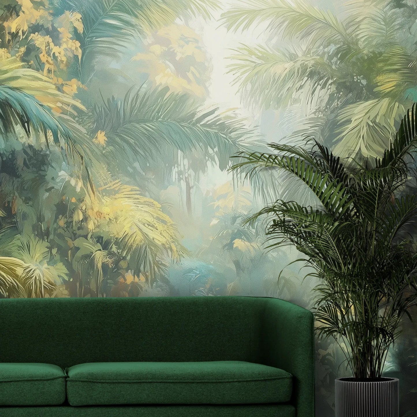 Fototapeta LUMINOUS RAINFOREST - tapeta z tropikalną dżunglą w promieniach słońca pokazana w aranżacji wnętrza z akcentem na ścianie.