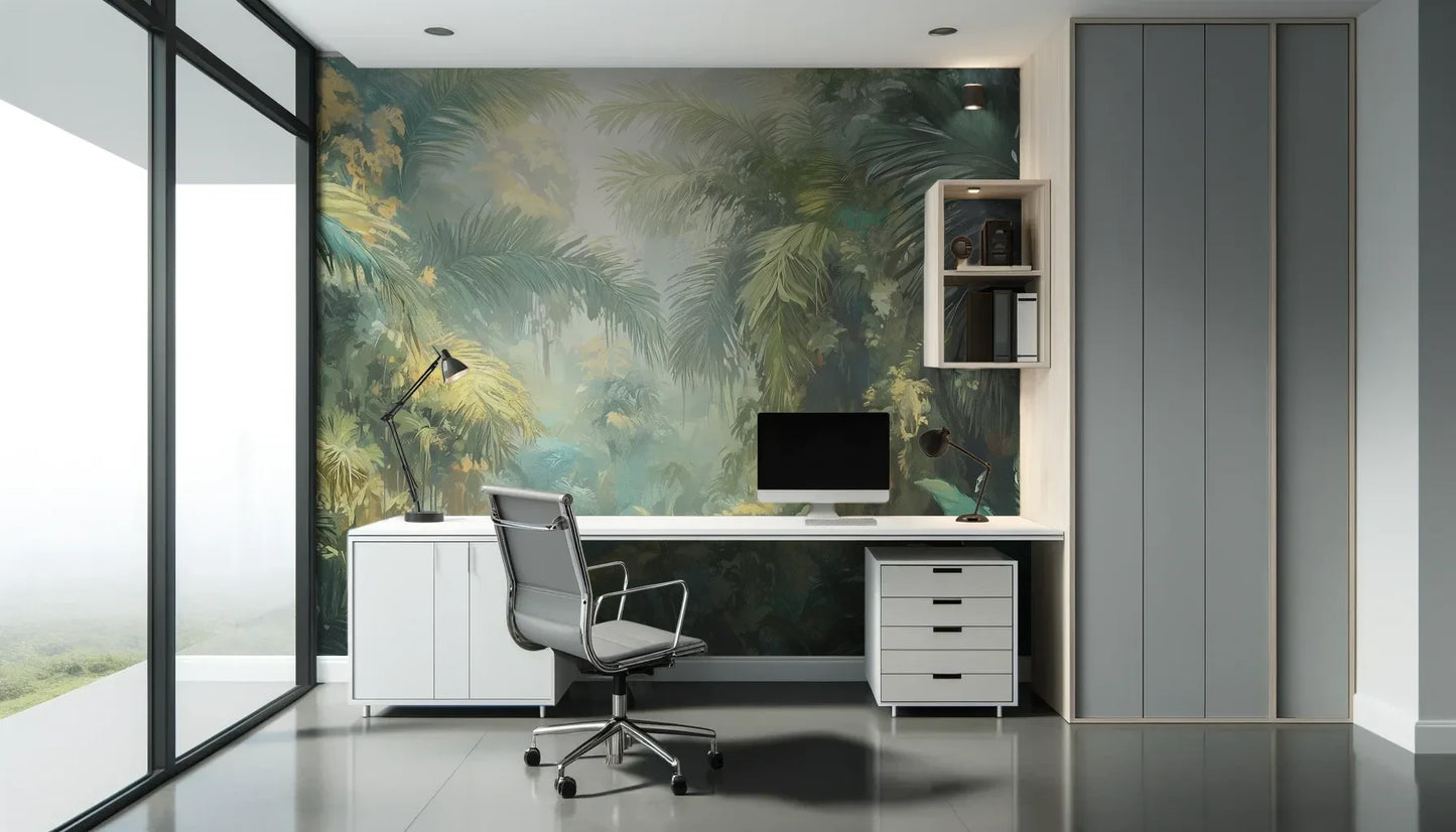 Fototapeta LUMINOUS RAINFOREST - tapeta z tropikalną dżunglą w promieniach słońca pokazana w aranżacji biura.
