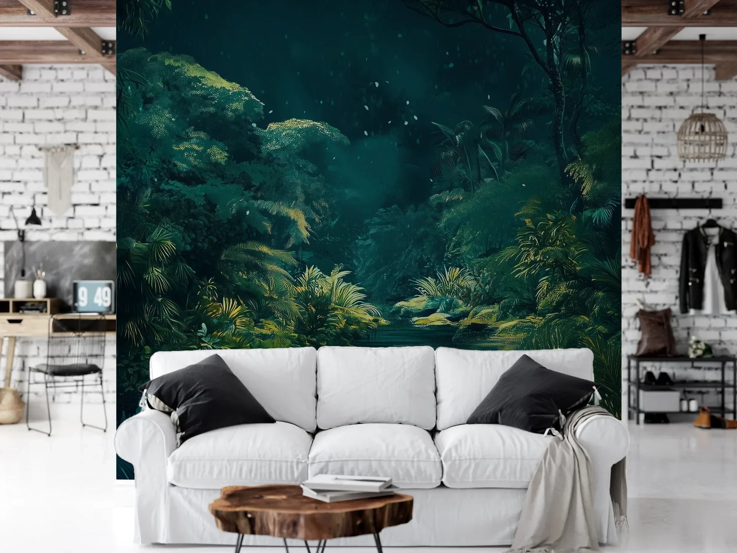 Wzór fototapety MYSTIC POND - tapeta z tajemniczym stawem w tropikalnej dżungli pokazanej w aranżacji salonu.