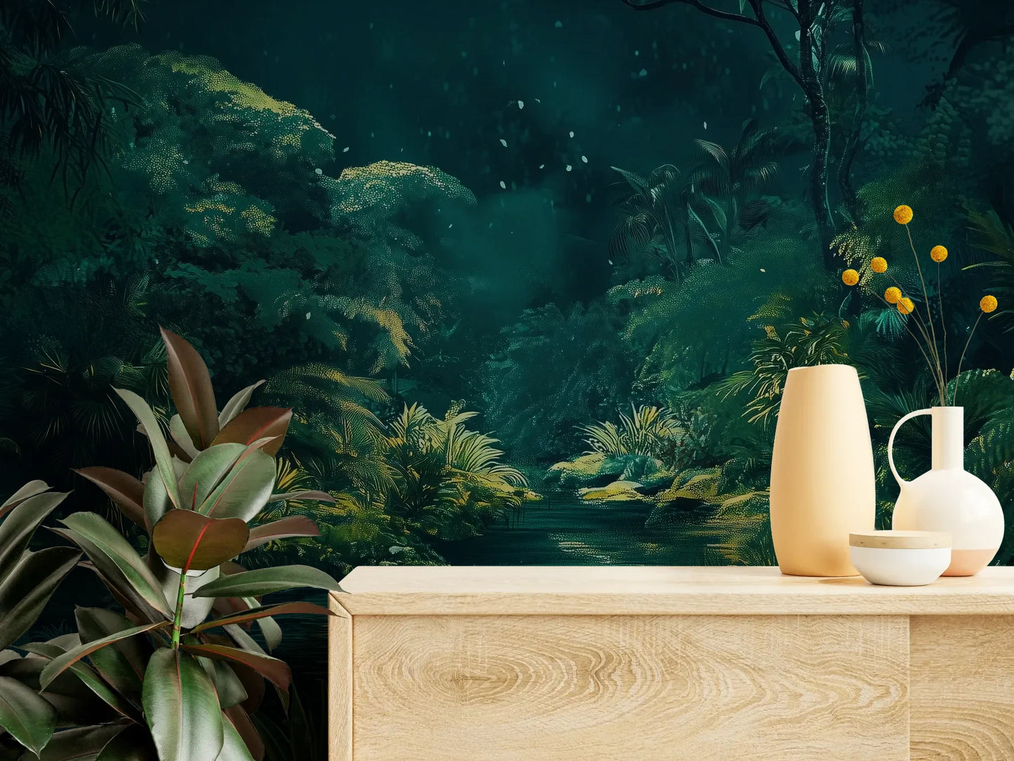 Fototapeta MYSTIC POND - tapeta z tajemniczym stawem w tropikalnej dżungli pokazana w aranżacji wnętrza z akcentem na ścianie.